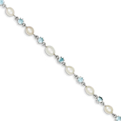 Sterling Silver Rhodium Blue CZ FW Cultured Pearl Bracelet