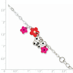 Sterling Silver Polished & Textured Multi-color Enameled Floral Butterfly with 1 Inch Extension Children's ID Bracelet