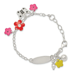 Sterling Silver Polished & Textured Multi-color Enameled Floral Butterfly with 1 Inch Extension Children's ID Bracelet