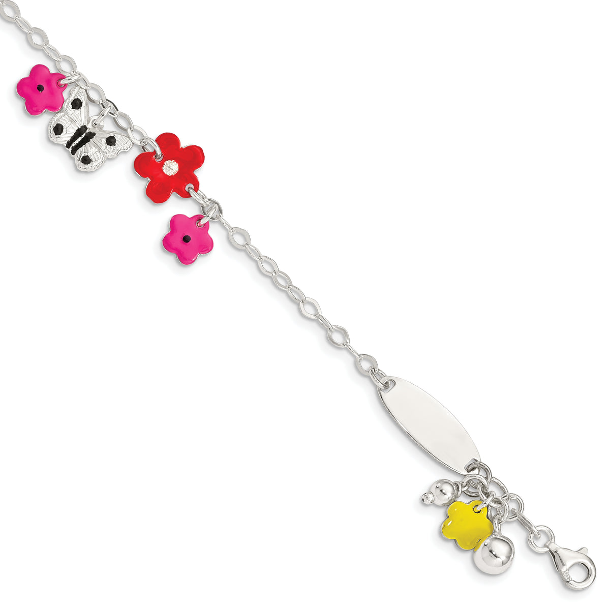 Sterling Silver Polished & Textured Multi-color Enameled Floral Butterfly with 1 Inch Extension Children's ID Bracelet