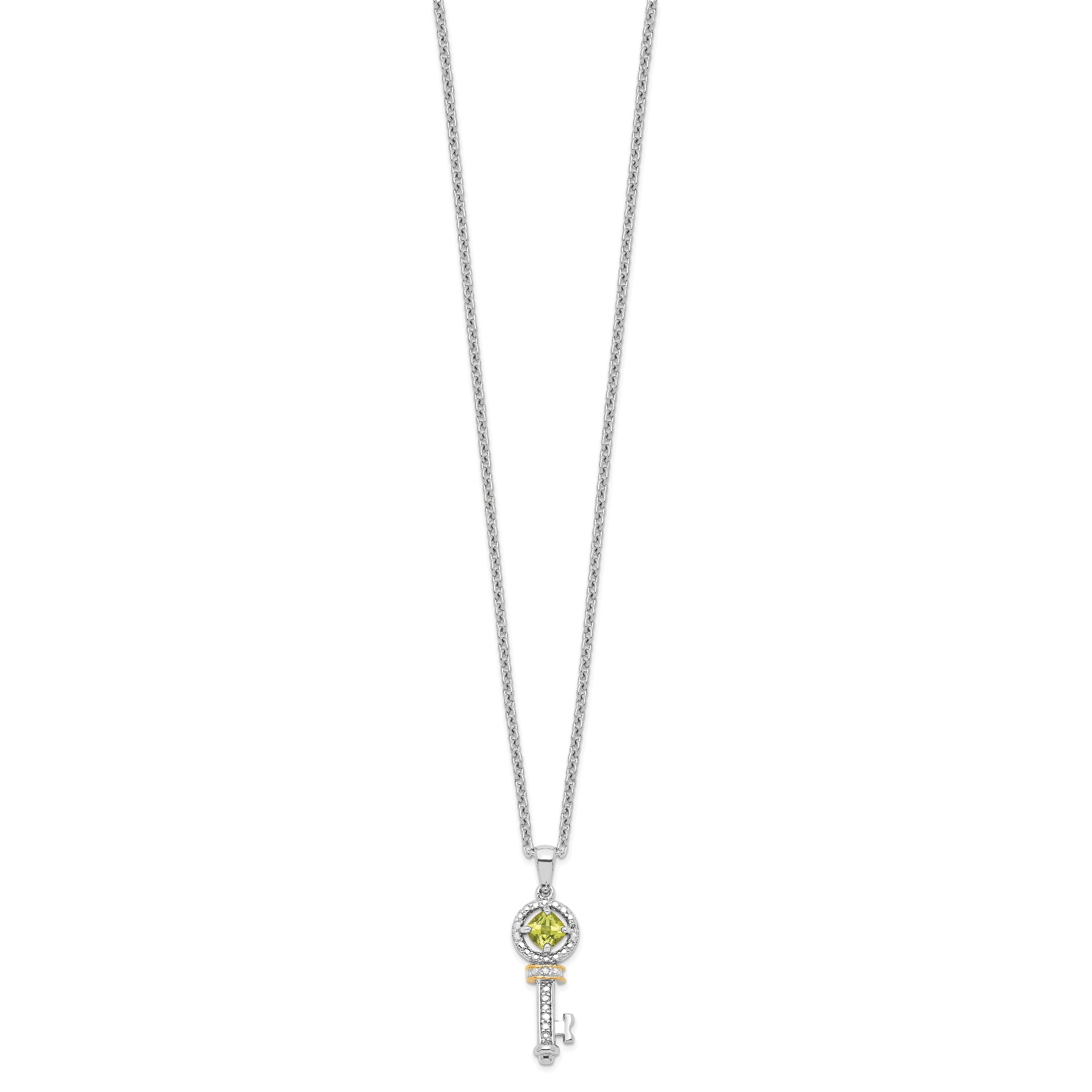 Brilliant Gemstones Sterling Silver with 14K Accent Rhodium-plated Peridot and Diamond Key 18 Inch Necklace with 2 Inch Extender