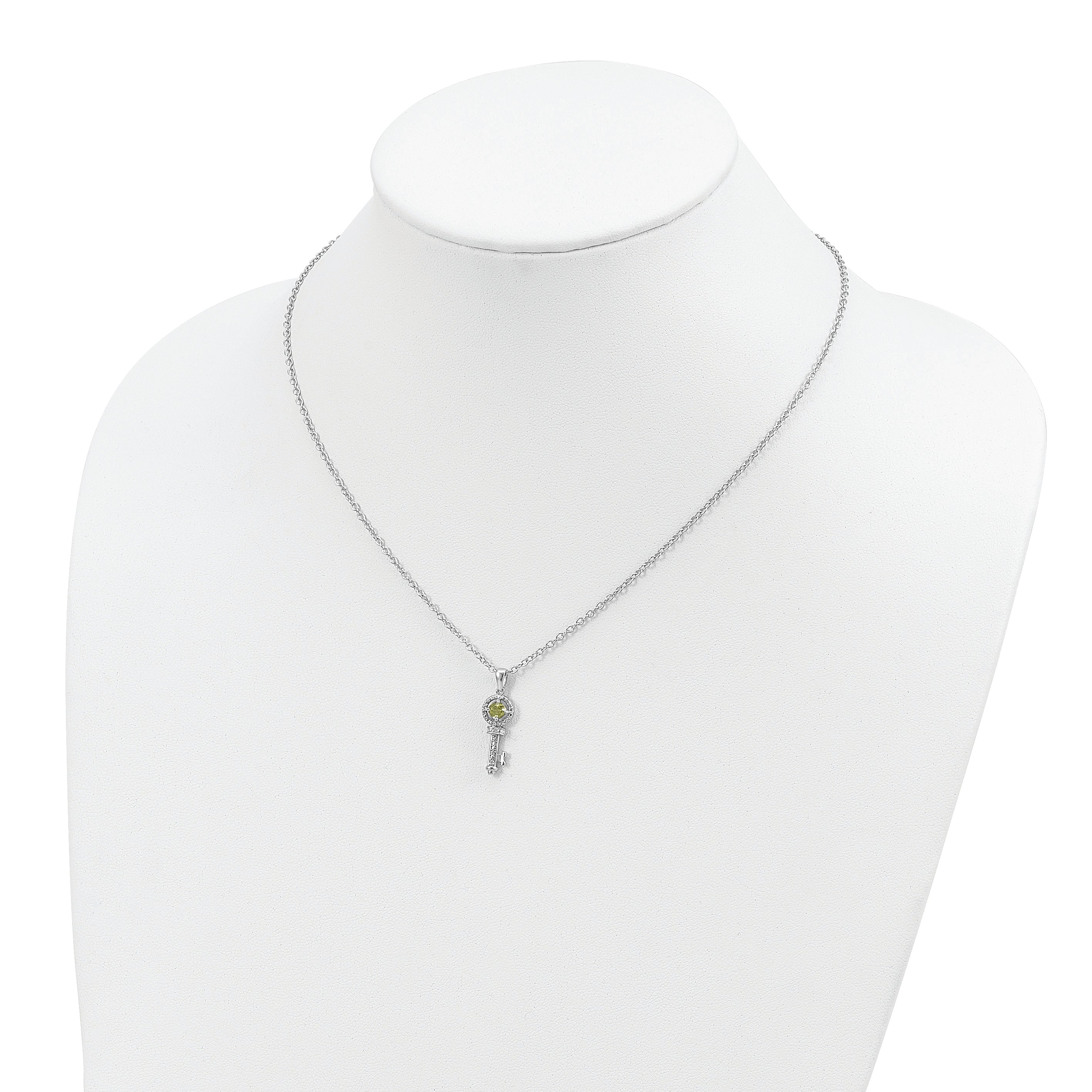 Brilliant Gemstones Sterling Silver with 14K Accent Rhodium-plated Peridot and Diamond Key 18 Inch Necklace with 2 Inch Extender