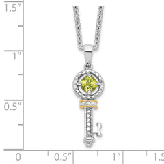 Brilliant Gemstones Sterling Silver with 14K Accent Rhodium-plated Peridot and Diamond Key 18 Inch Necklace with 2 Inch Extender