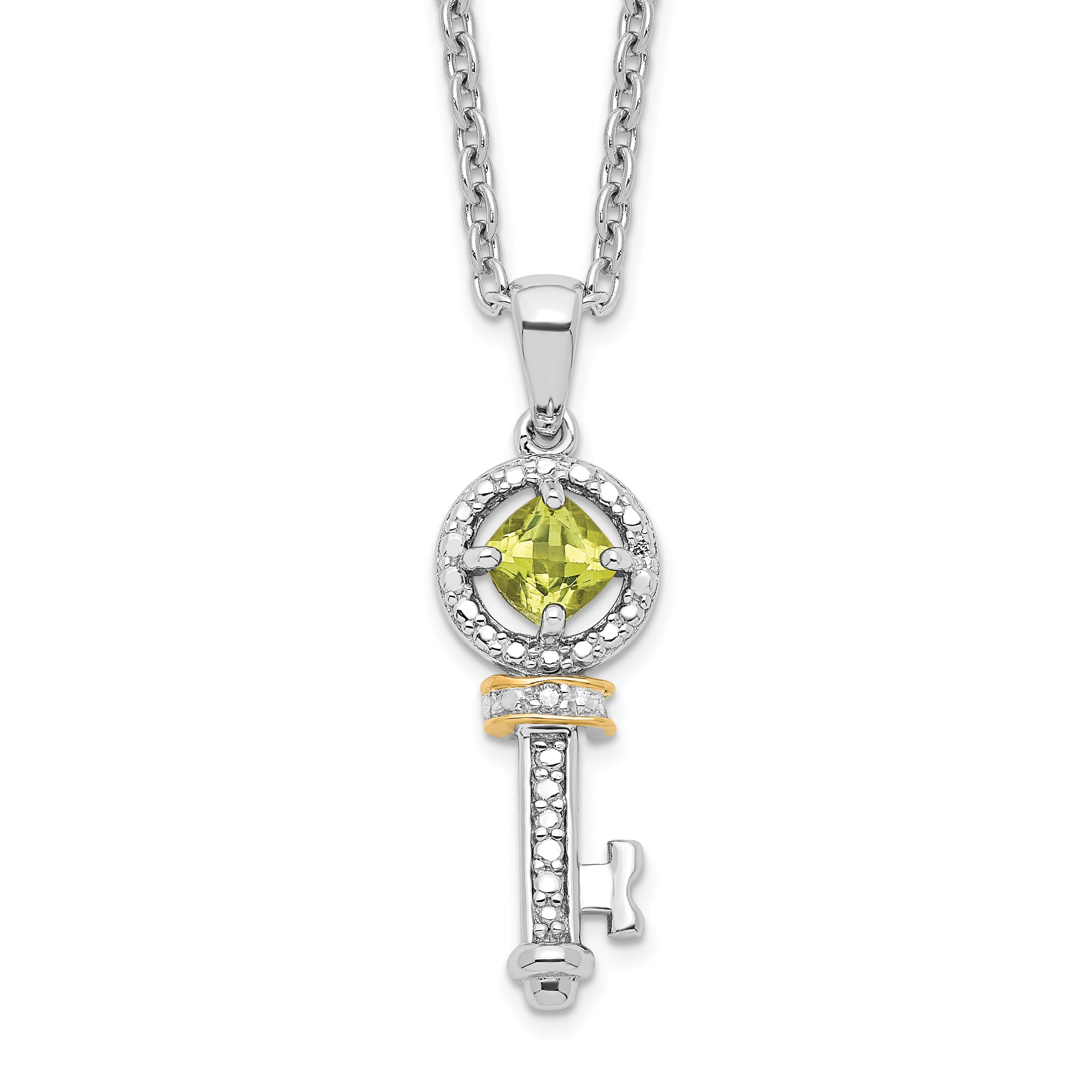 Brilliant Gemstones Sterling Silver with 14K Accent Rhodium-plated Peridot and Diamond Key 18 Inch Necklace with 2 Inch Extender