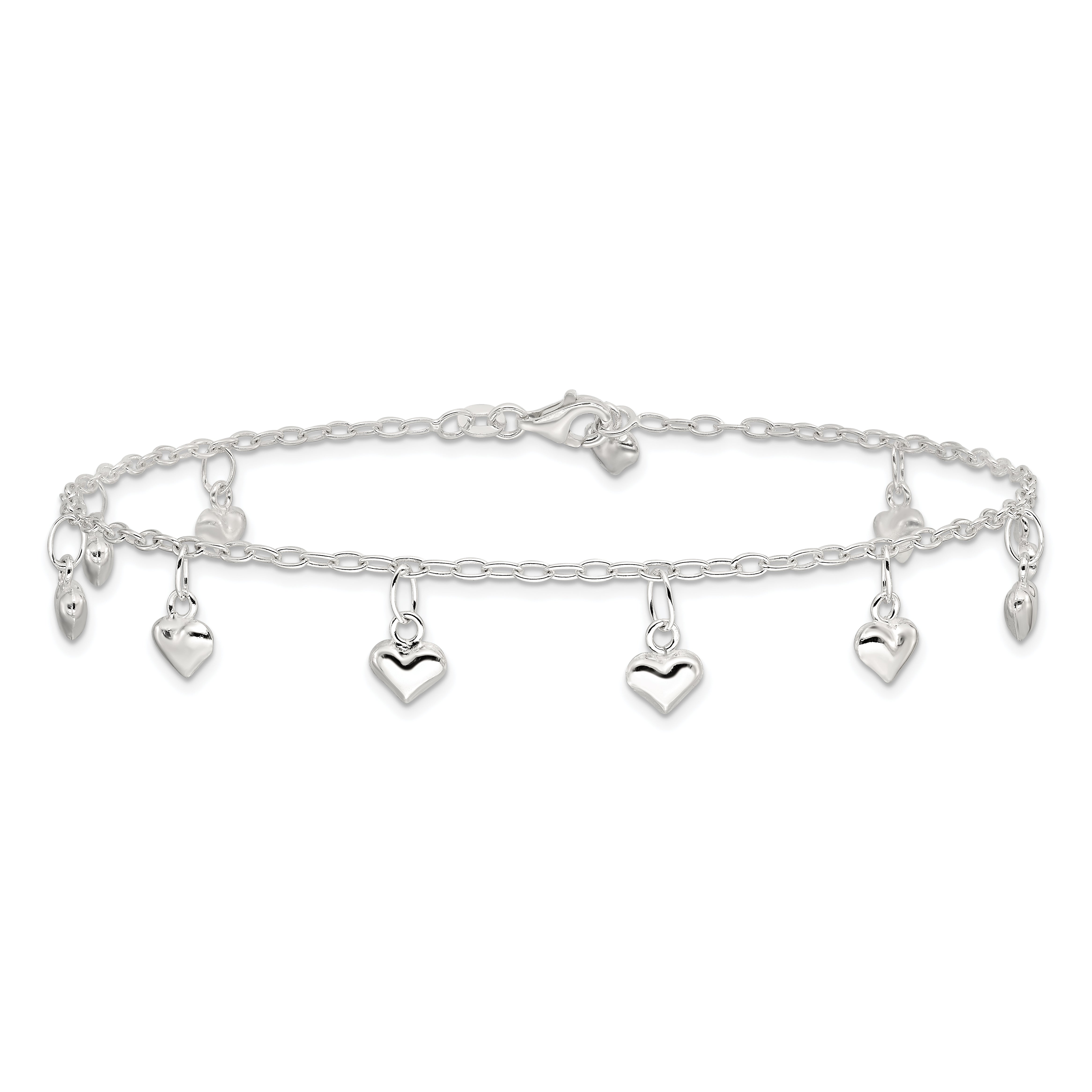 Sterling Silver Polished Puffed Heart 9in Anklet