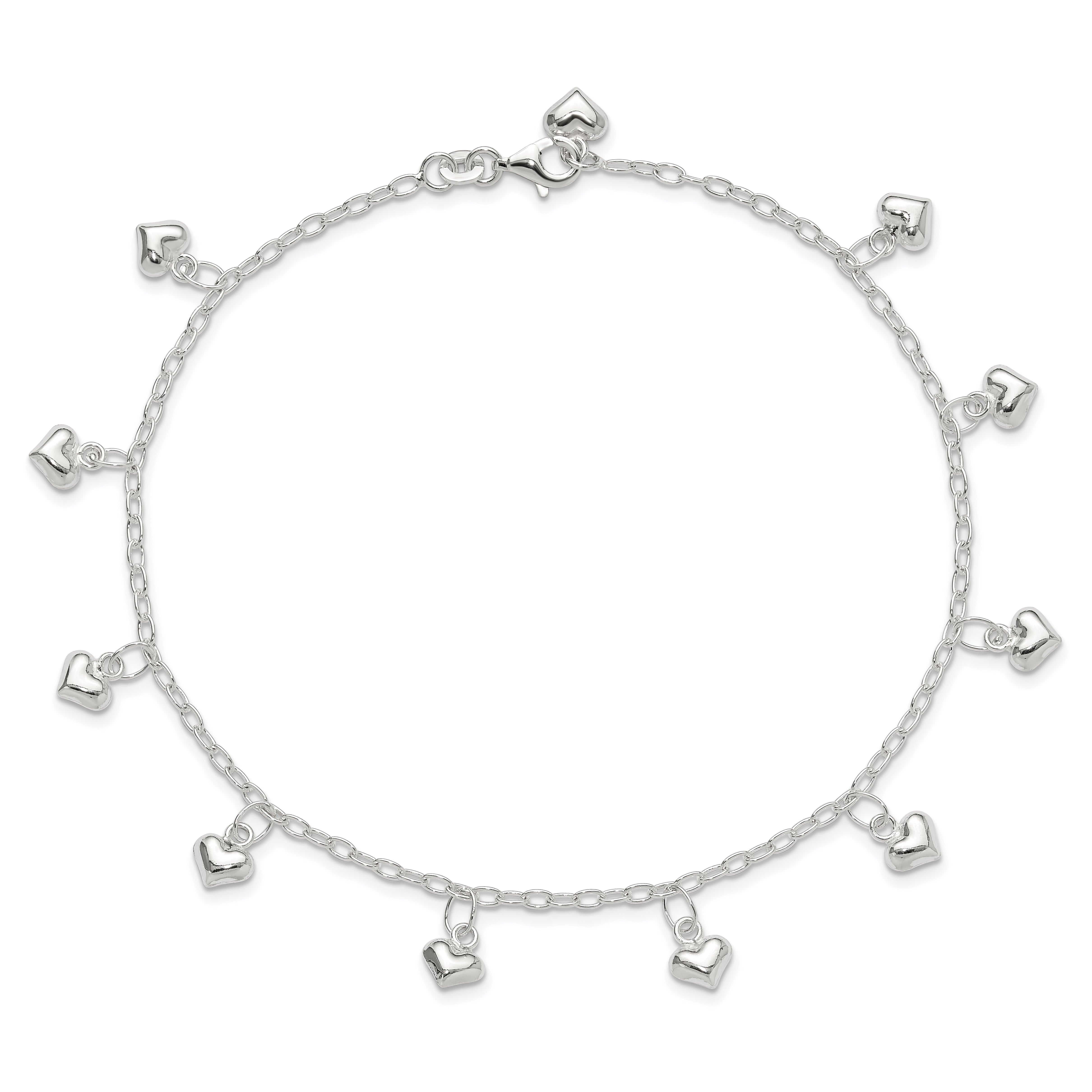 Sterling Silver Polished Puffed Heart 9in Anklet