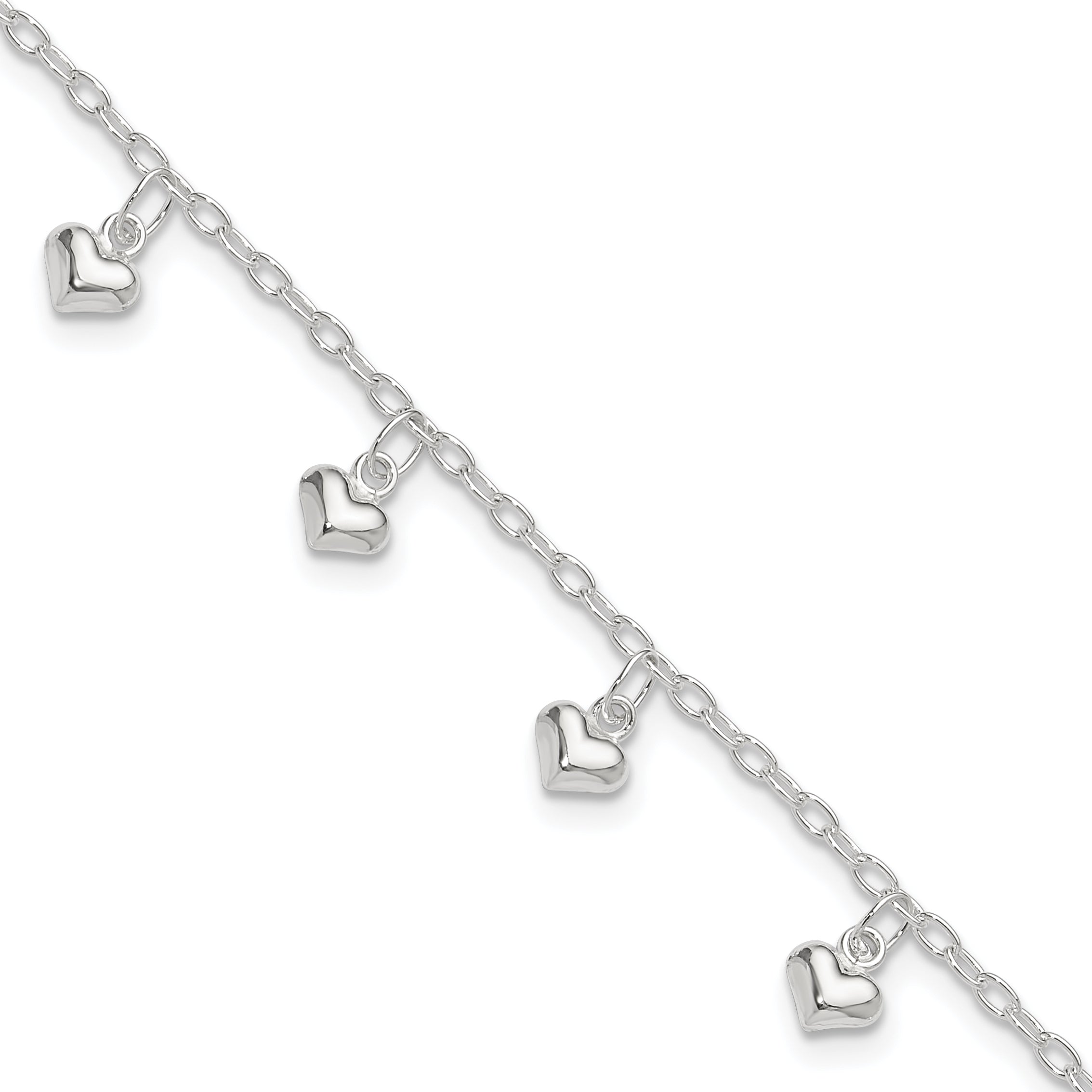 Sterling Silver Polished Puffed Heart 9in Anklet