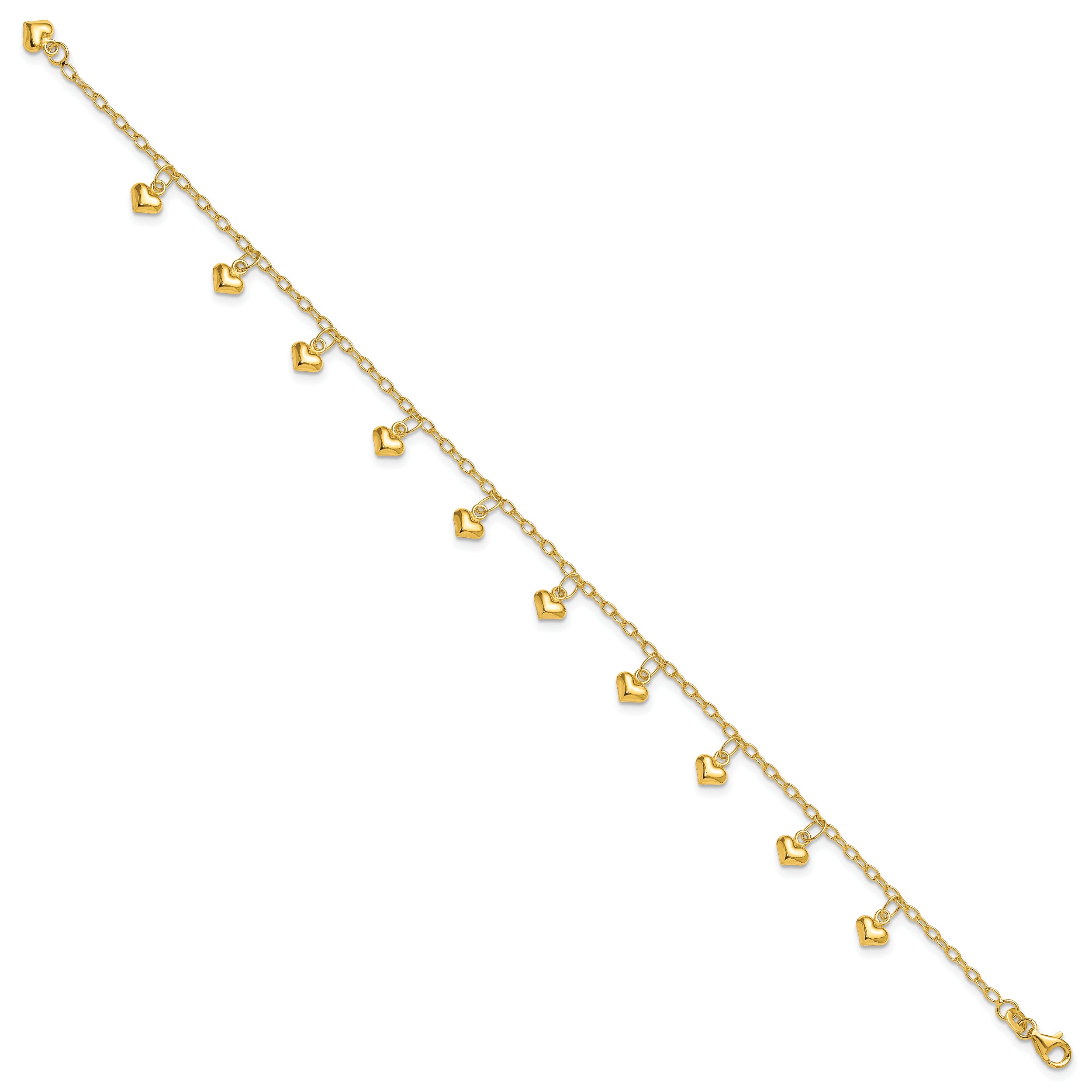 Sterling Silver Gold-tone Polished Puffed Heart 10in Anklet