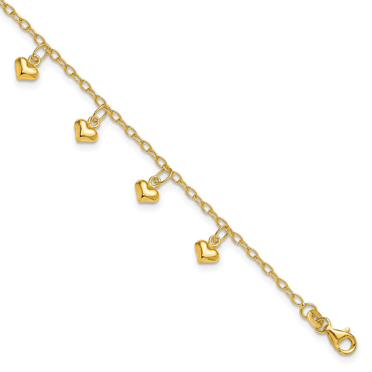 Sterling Silver Gold-tone Polished Puffed Heart 10in Anklet