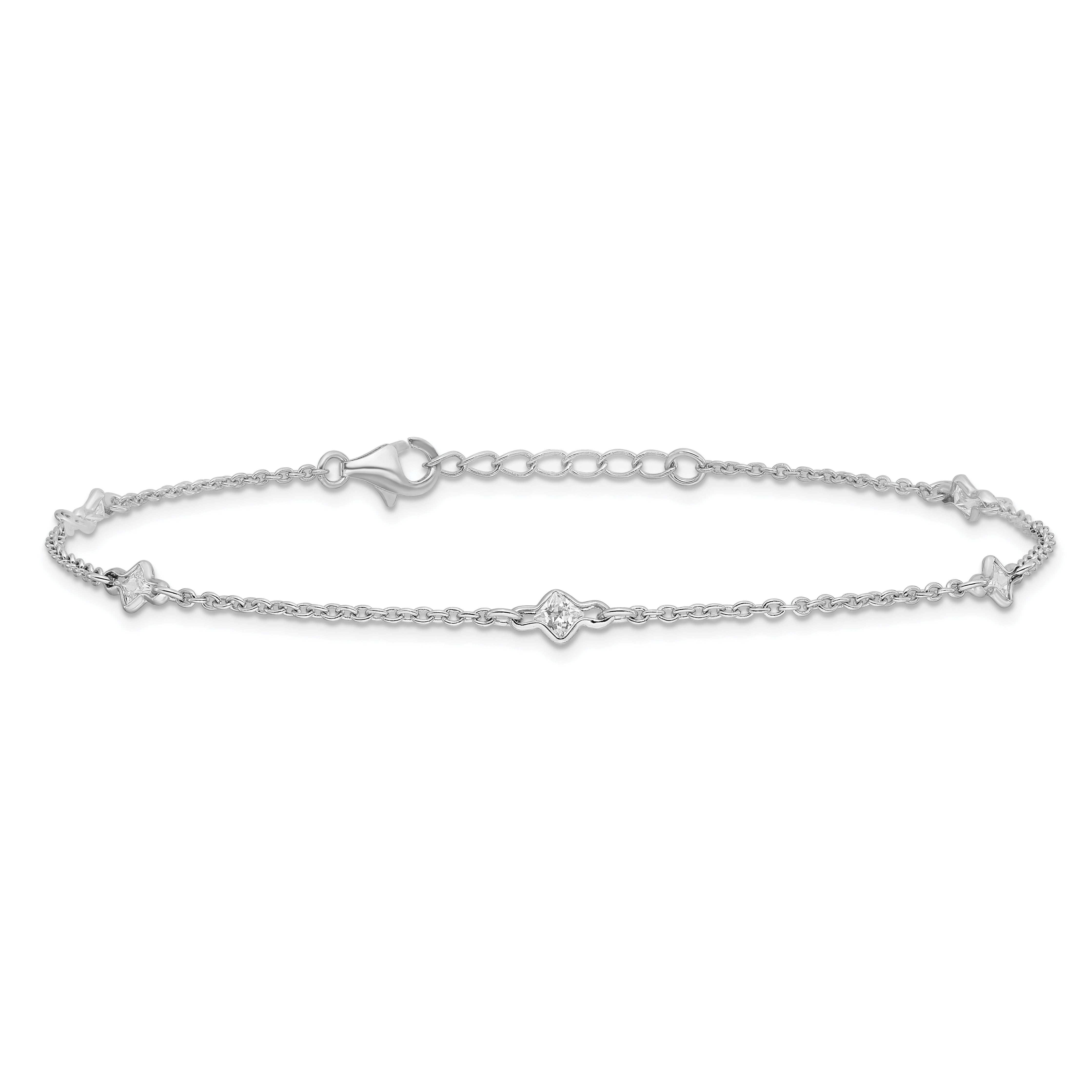 Sterling Silver Rhodium-plated 9in Plus 1in Ext. 5 Station CZ Anklet