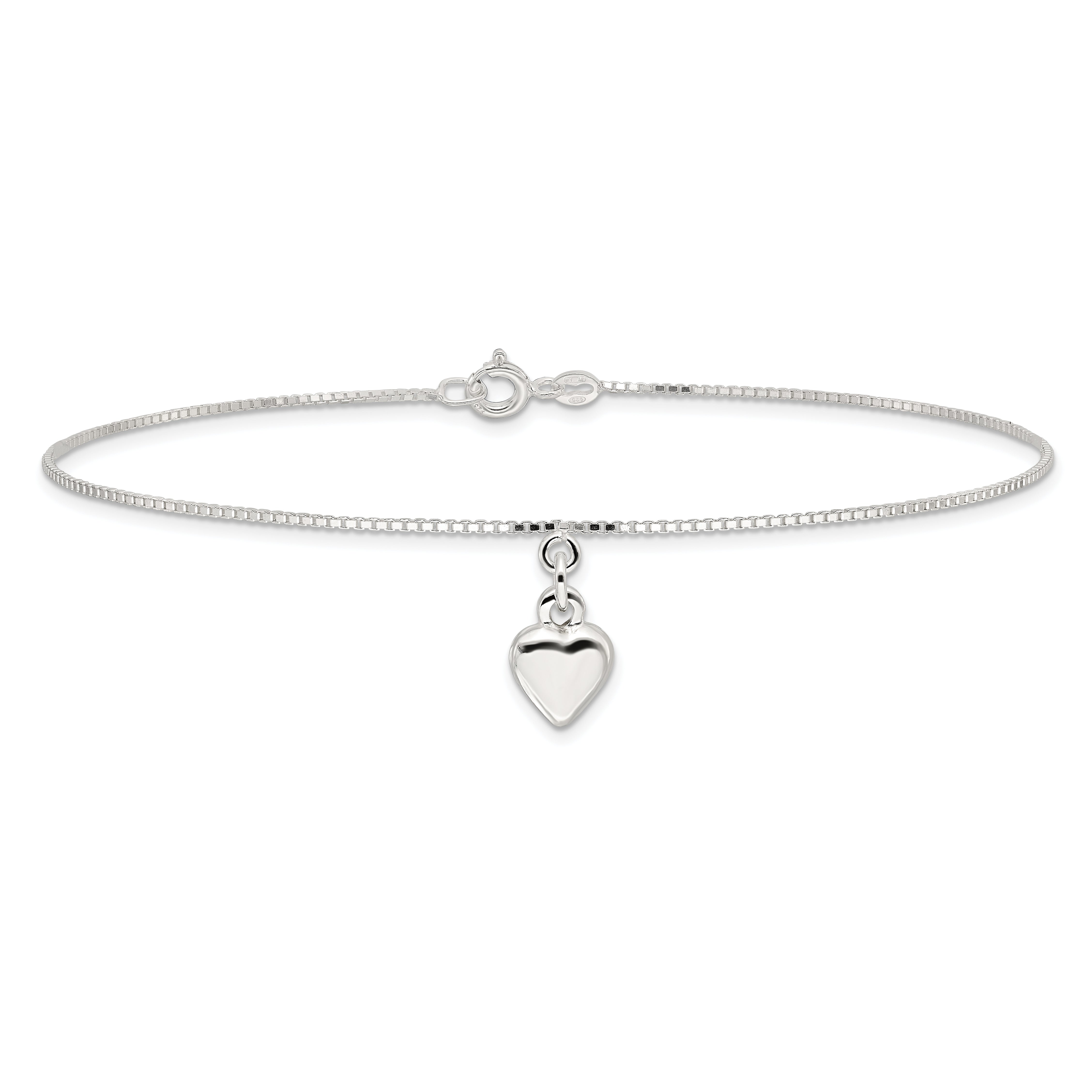 Sterling Silver 10inch Polished Puffed Heart Anklet