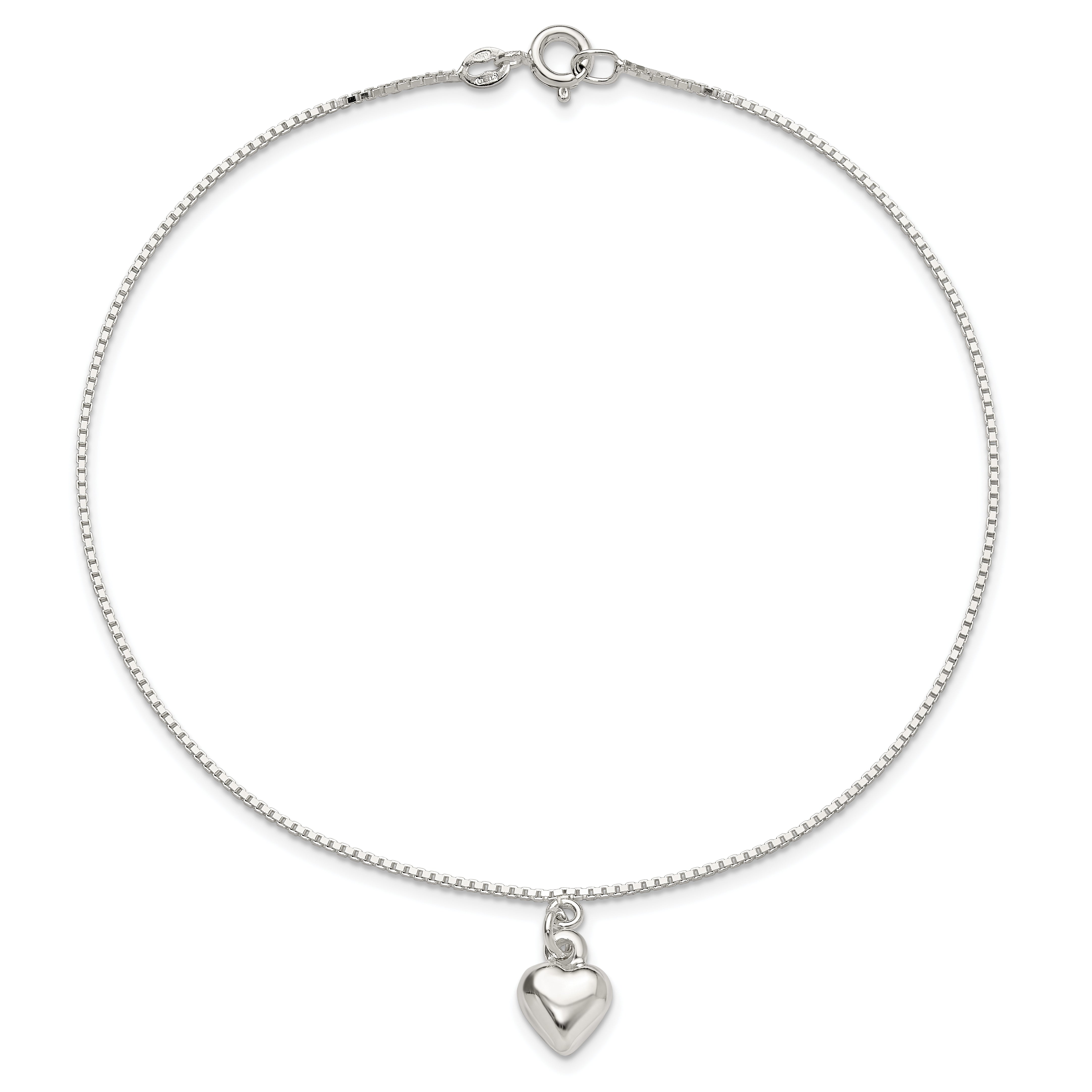 Sterling Silver 10inch Polished Puffed Heart Anklet