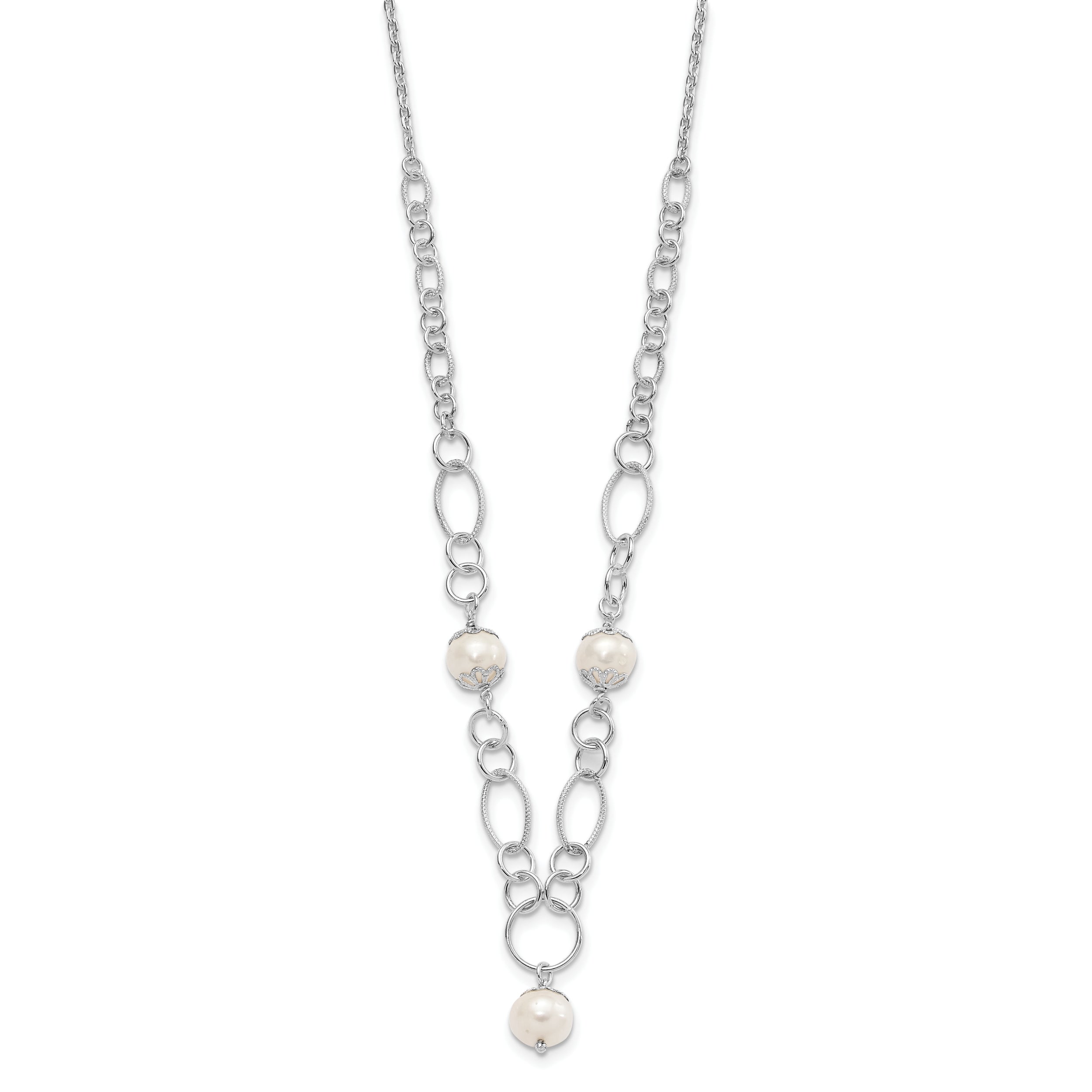 Sterling Silver Polished Fancy Simulated Pearl Drop Necklace