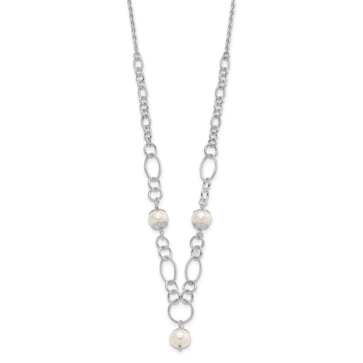 Sterling Silver Polished Fancy Simulated Pearl Drop Necklace