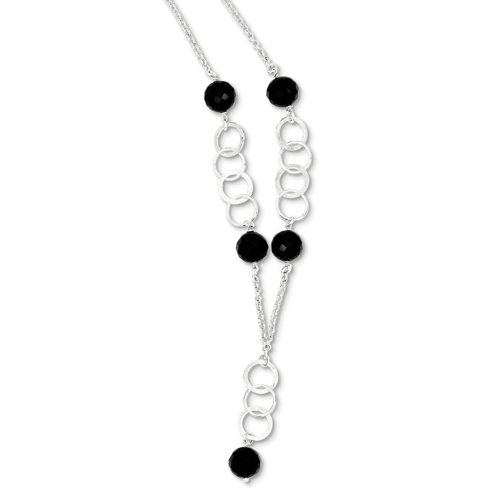 Sterling Silver & Black Bead Polished & Textured Drop Necklace