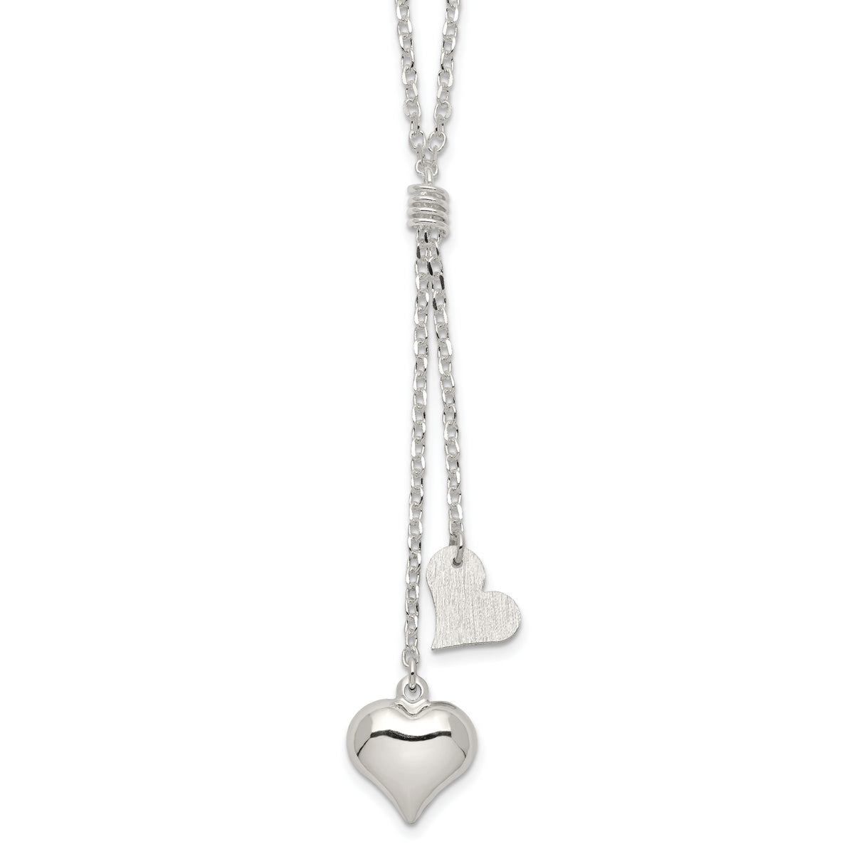 Sterling Silver Polished Textured Puffed Heart Fancy Drop Necklace