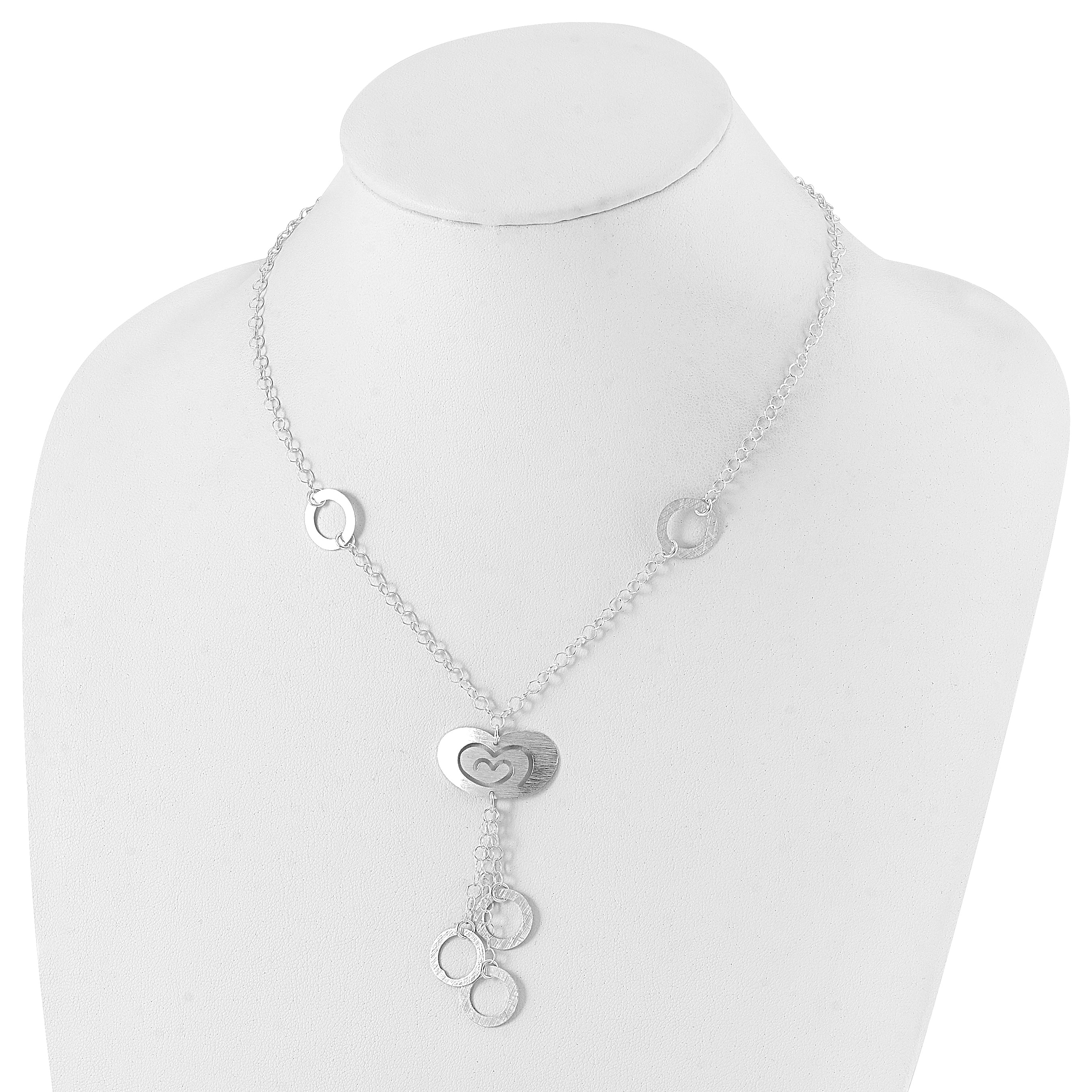 Sterling Silver Polished & Brushed Heart & Circle Drop Necklace