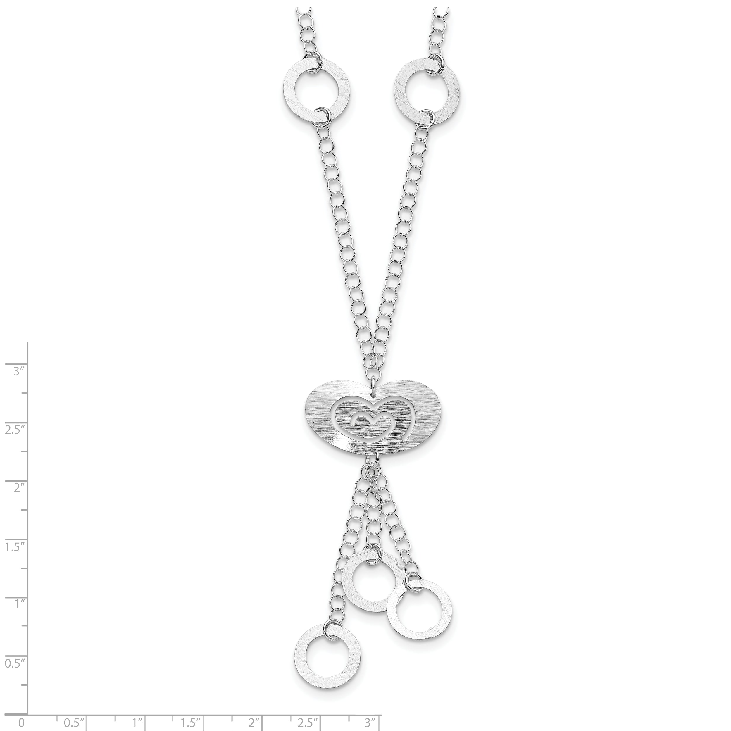 Sterling Silver Polished & Brushed Heart & Circle Drop Necklace