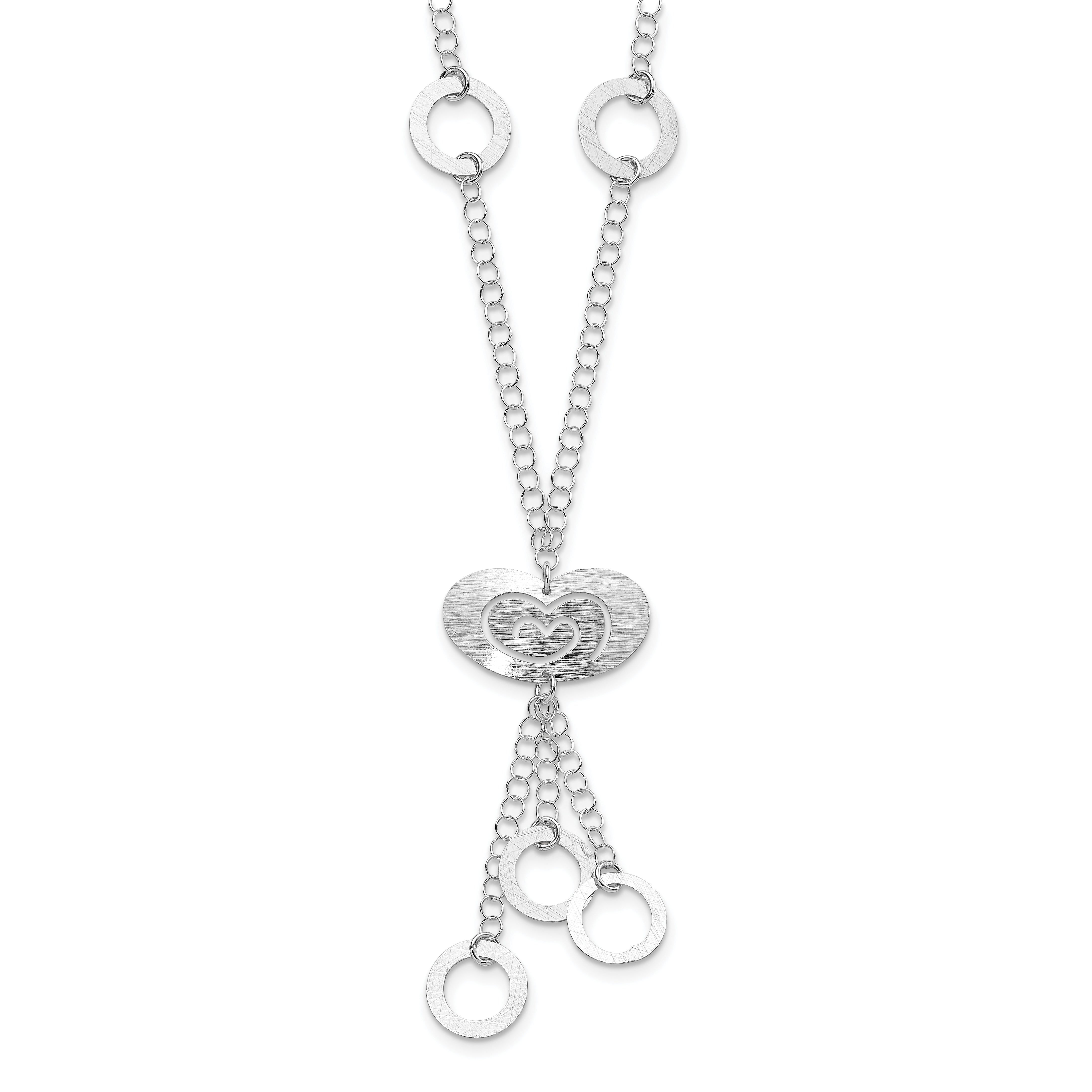 Sterling Silver Polished & Brushed Heart & Circle Drop Necklace