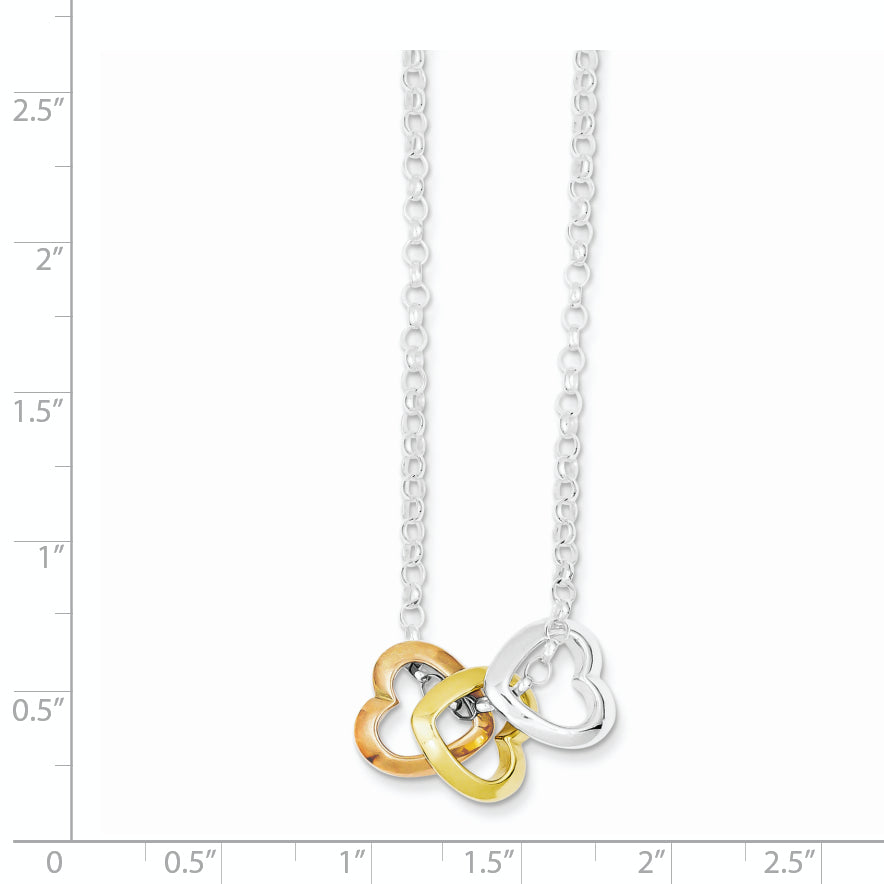 Sterling Silver and Vermeil Polished Fancy 3-Heart Necklace