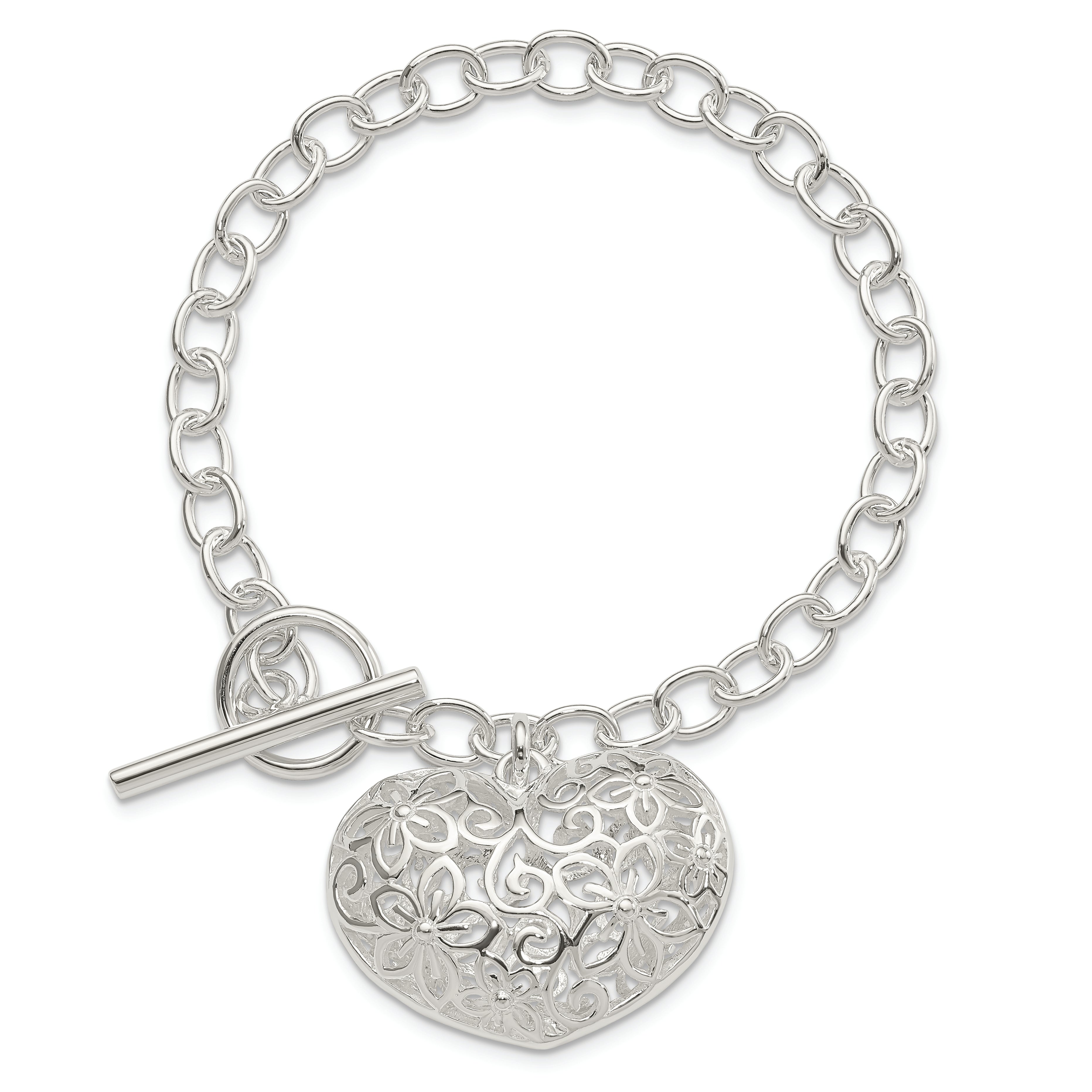 Sterling Silver Puffed Filigree Heart Toggle Bracelet