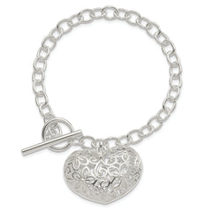 Sterling Silver Puffed Filigree Heart Toggle Bracelet