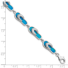 Sterling Silver Rhodium-plated 7in Created Blue Opal Inlay Sandal Bracelet