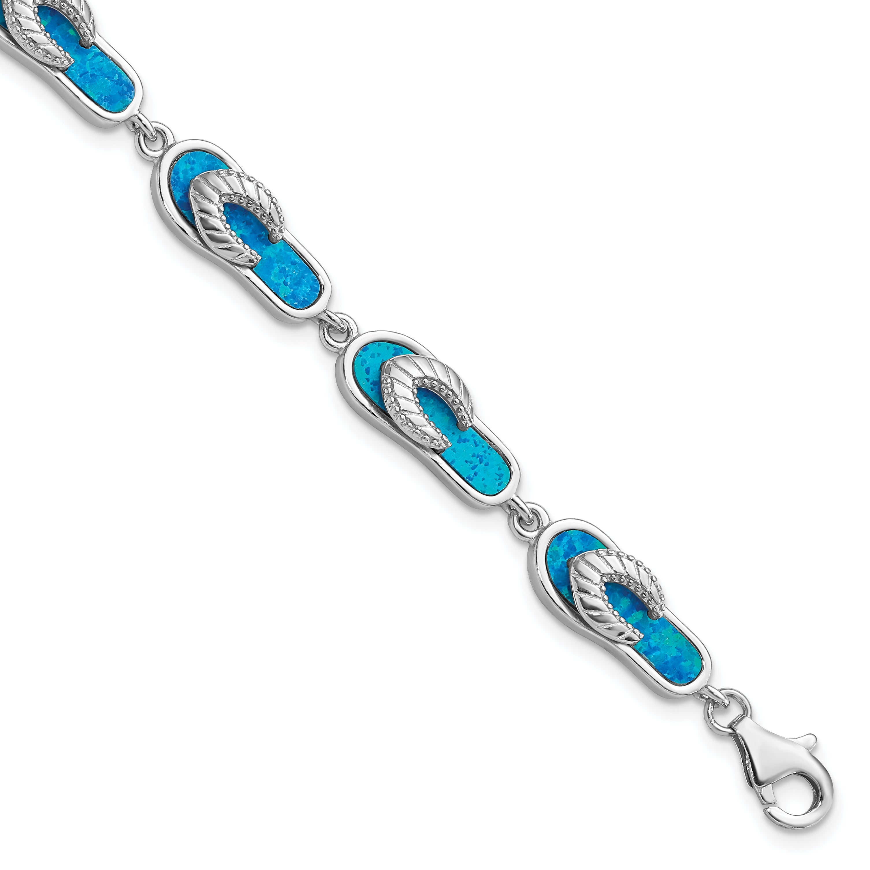 Sterling Silver Rhodium-plated 7in Created Blue Opal Inlay Sandal Bracelet