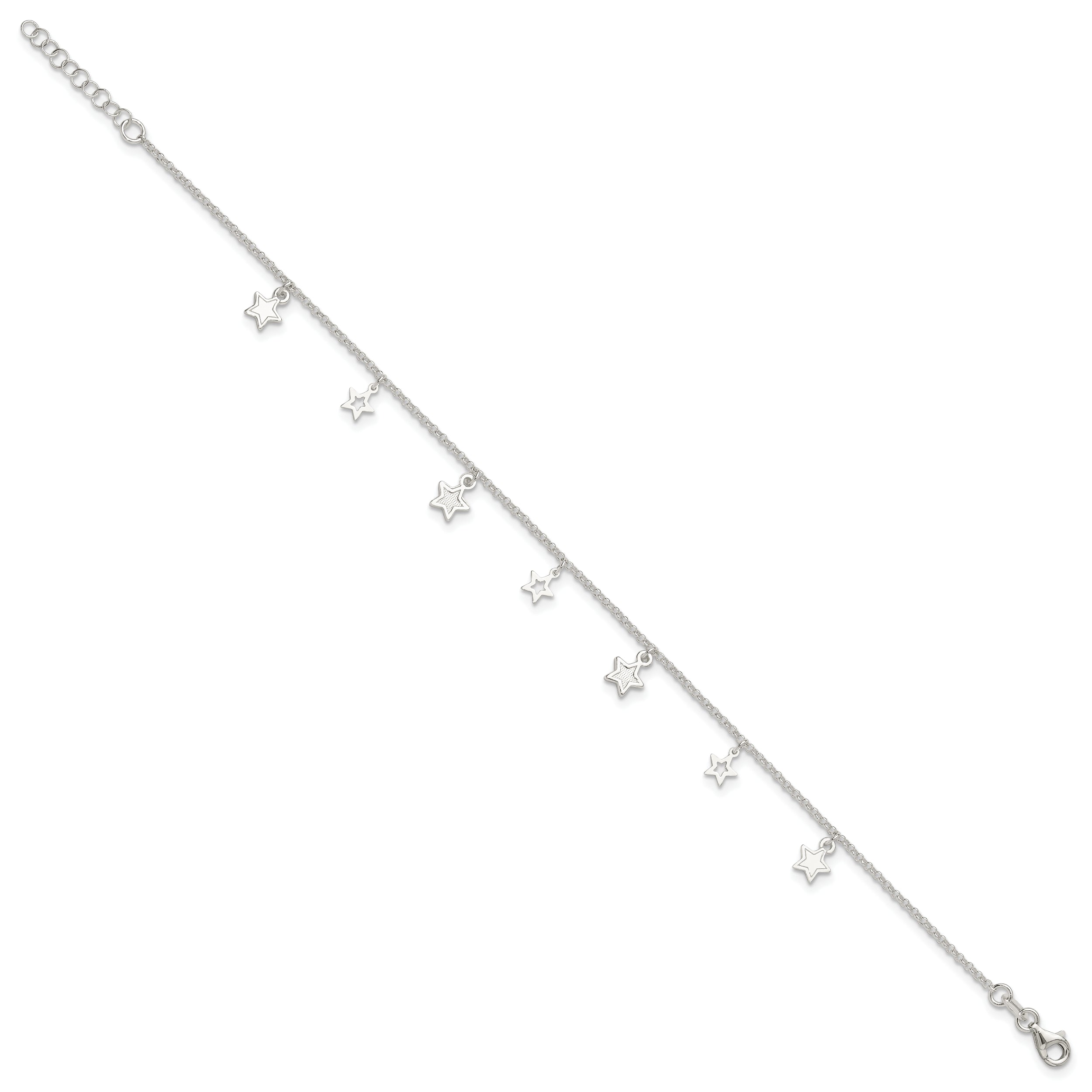 Sterling Silver Polished and Textured Star 9in Plus 1in Ext. Anklet