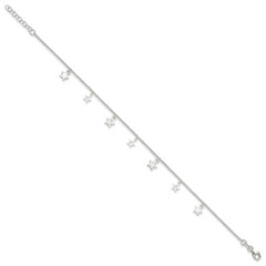 Sterling Silver Polished and Textured Star 9in Plus 1in Ext. Anklet