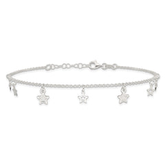 Sterling Silver Polished and Textured Star 9in Plus 1in Ext. Anklet