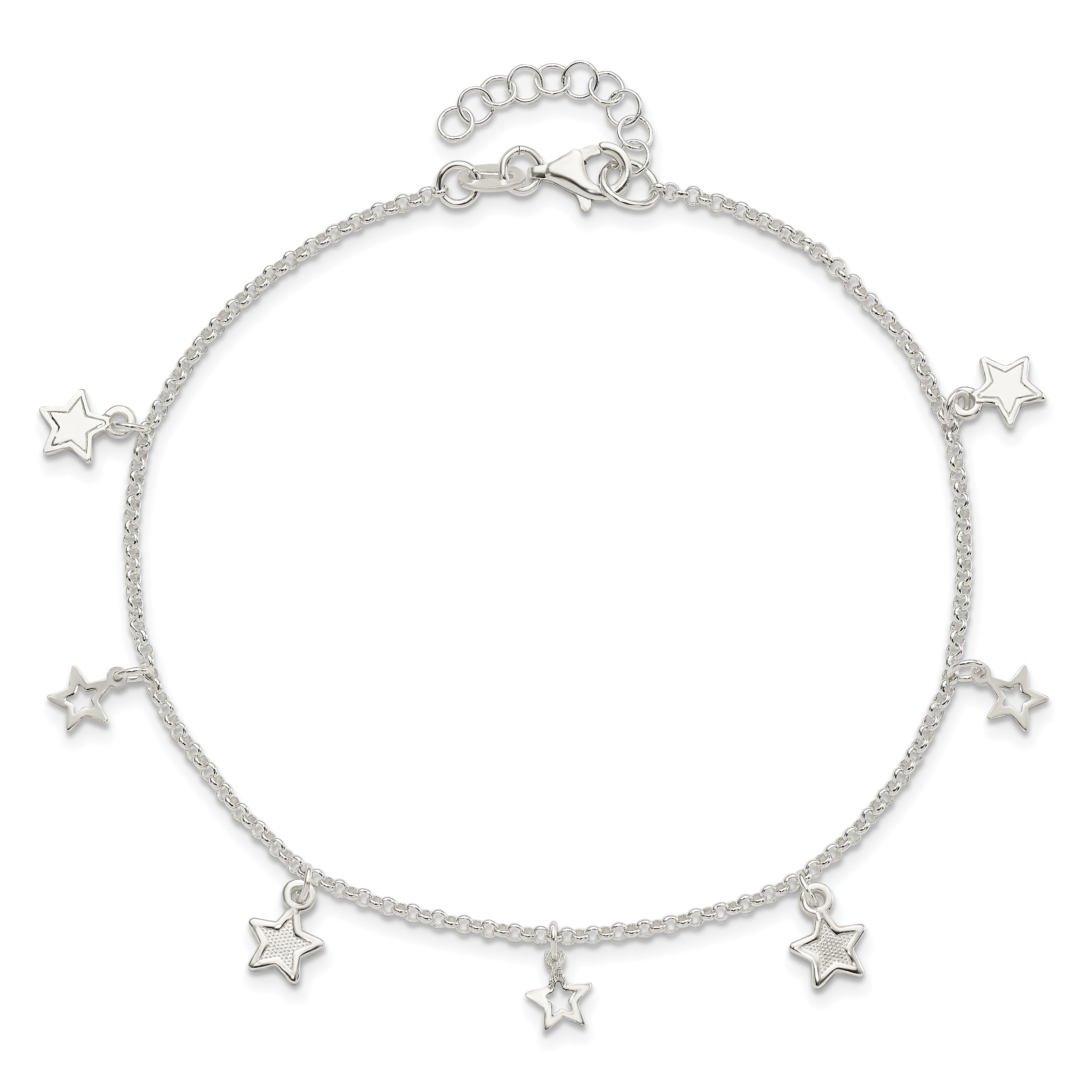 Sterling Silver Polished and Textured Star 9in Plus 1in Ext. Anklet