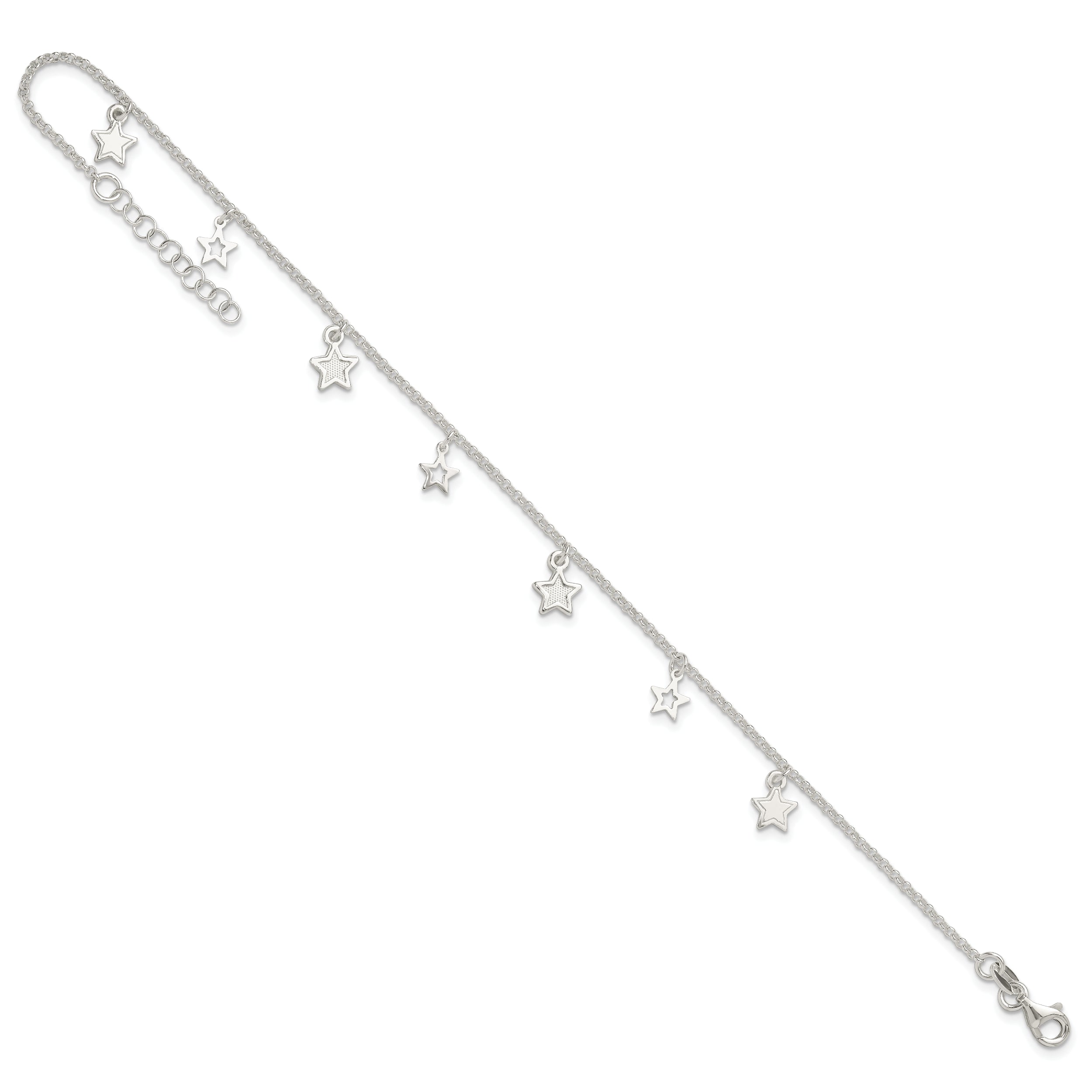 Sterling Silver Polished and Textured Star 9in Plus 1in Ext. Anklet