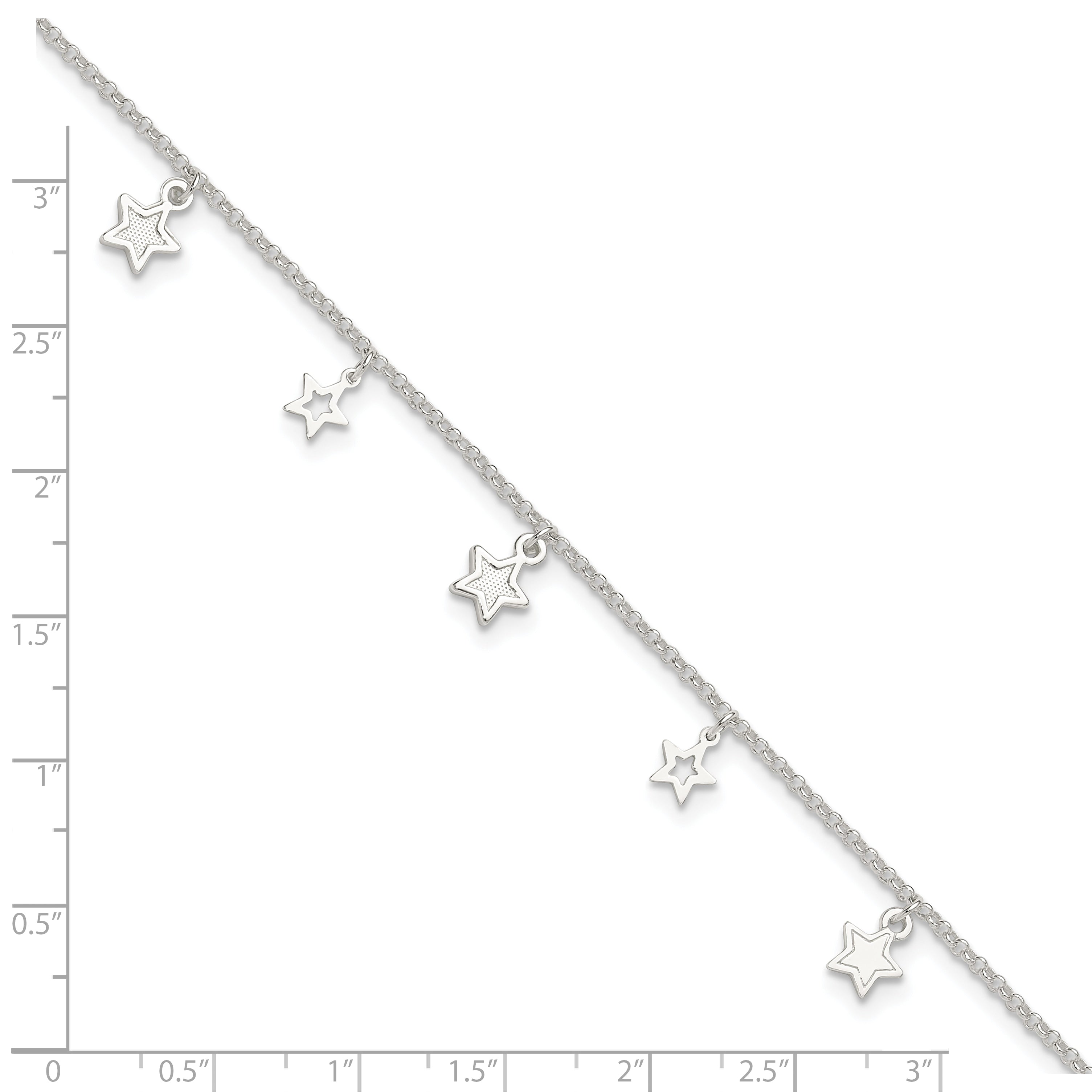 Sterling Silver Polished and Textured Star 9in Plus 1in Ext. Anklet