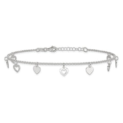 Sterling Silver 9 inch Polished Heart with 1in ext. Anklet