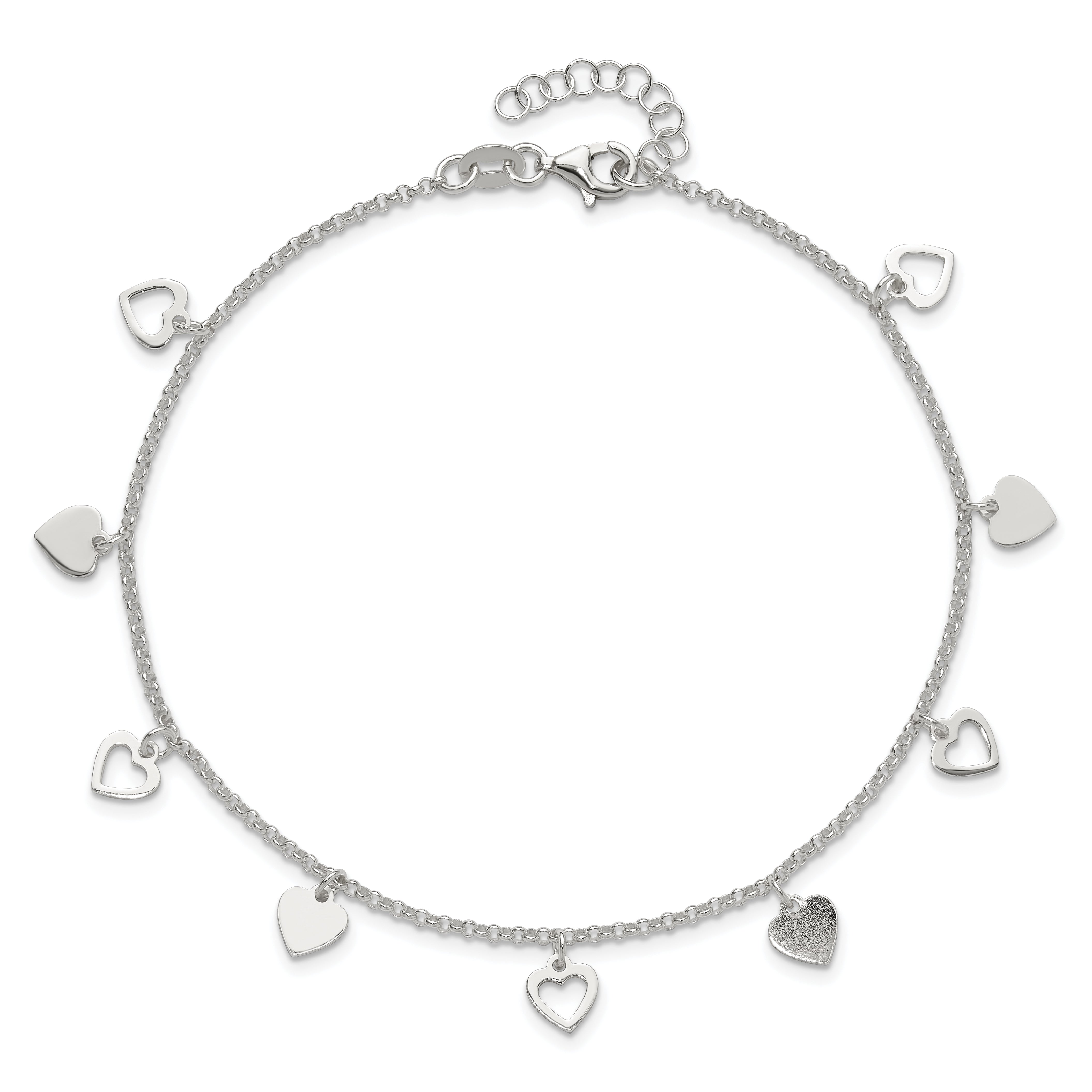 Sterling Silver 9 inch Polished Heart with 1in ext. Anklet