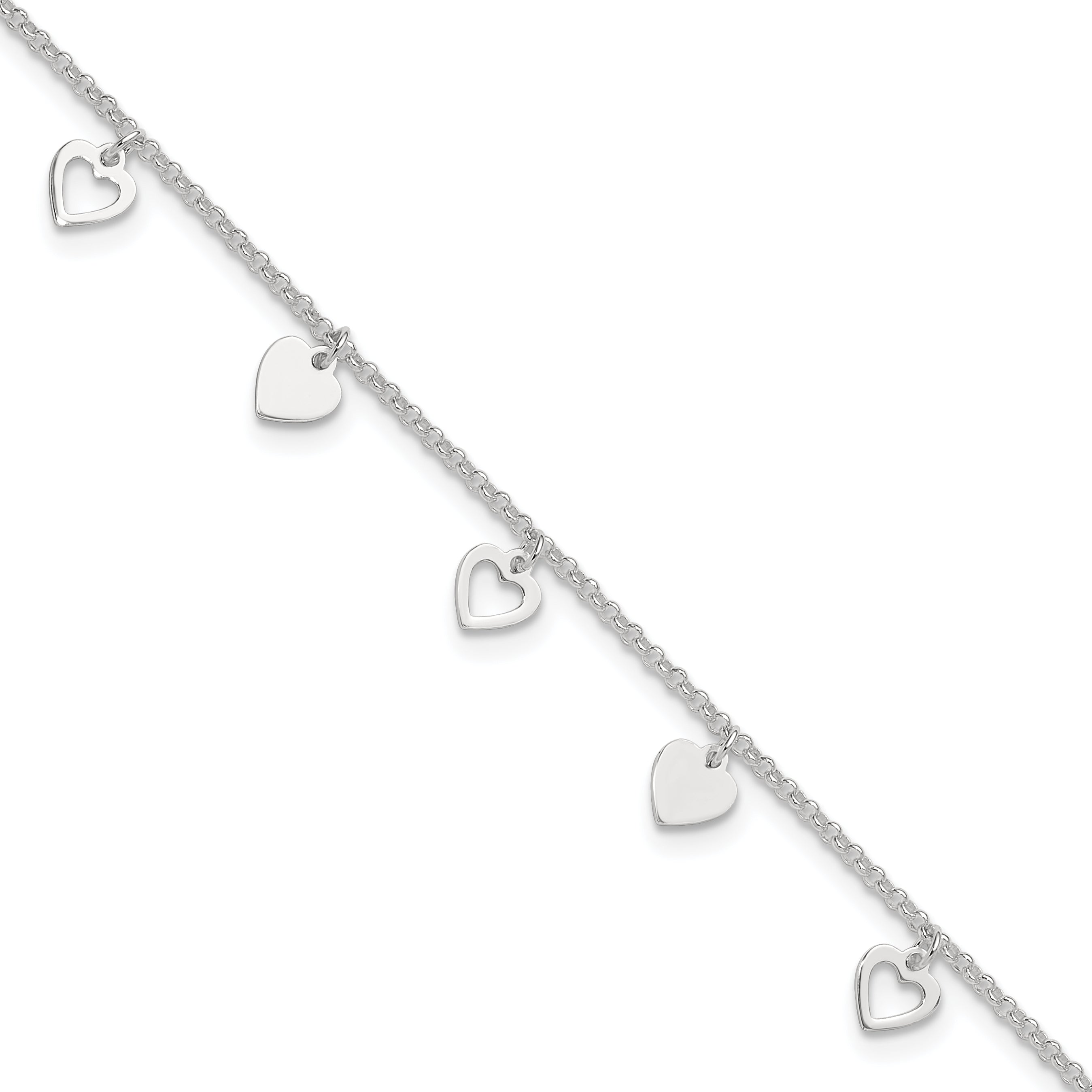 Sterling Silver 9 inch Polished Heart with 1in ext. Anklet