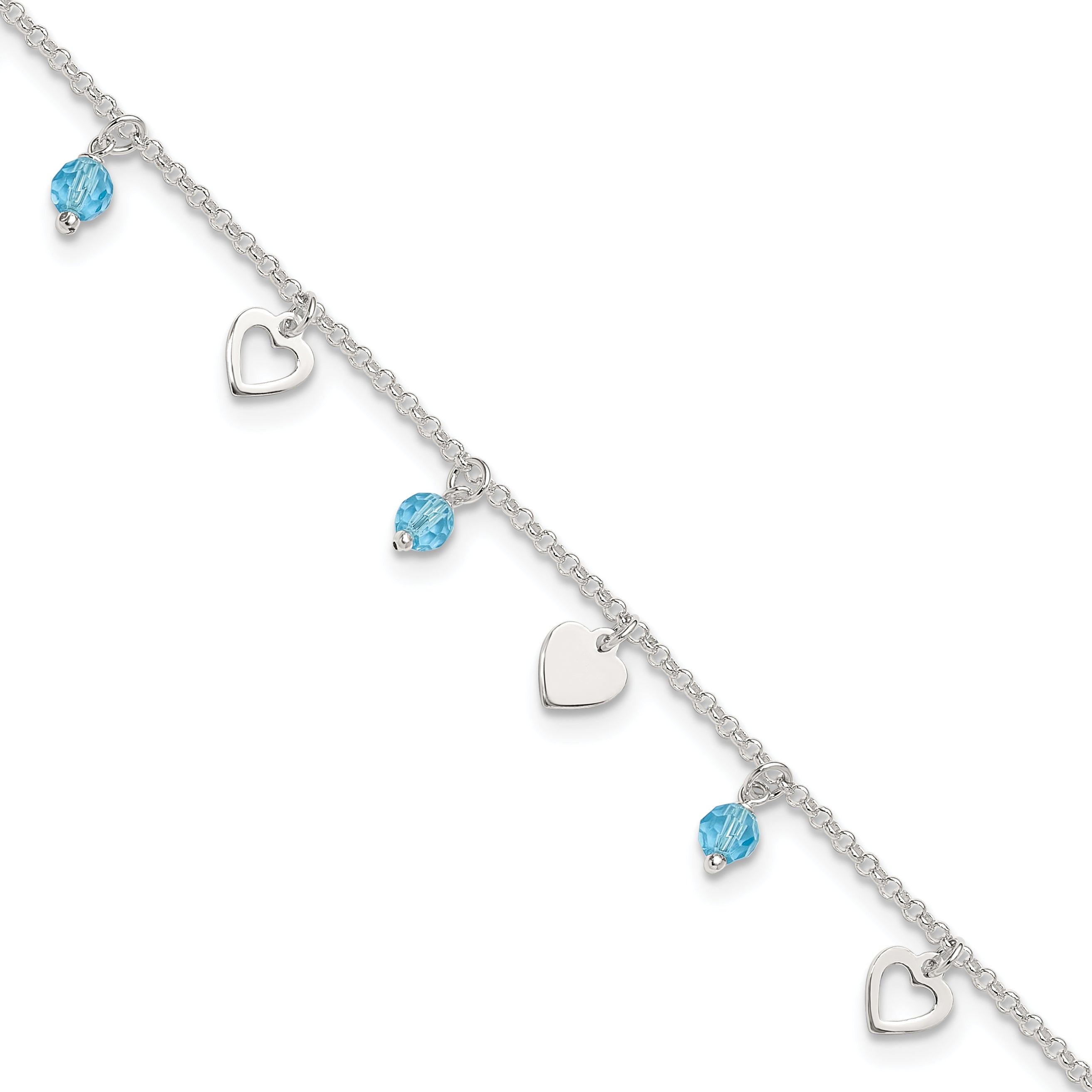 Sterling Silver 9 inch Heart and Blue Glass Plus1in ext. Anklet