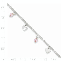 Sterling Silver Pink Glass Beads and Polished Hearts 9 inch Anklet with 1 inch extension