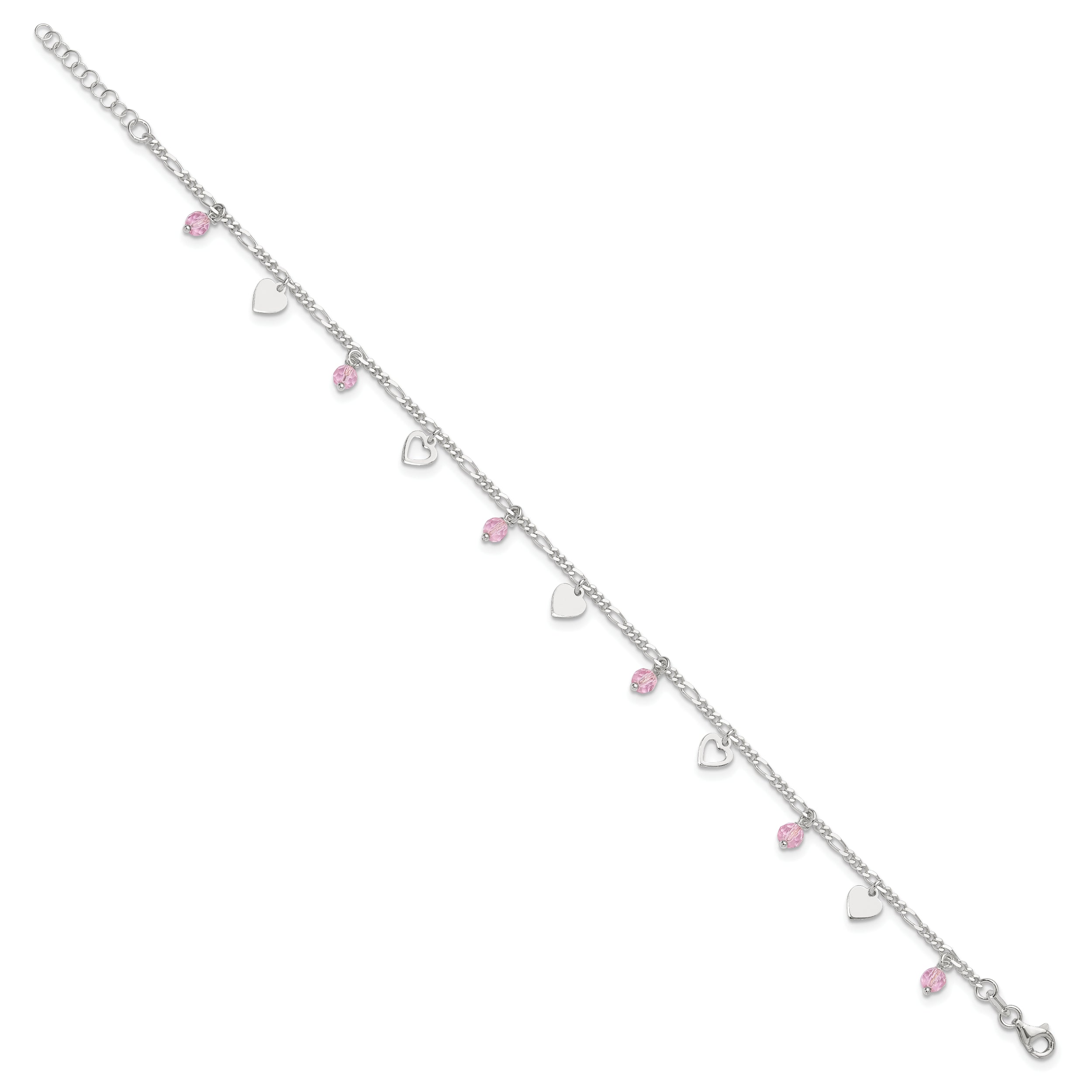 Sterling Silver Pink Glass Beads and Polished Hearts 9 inch Anklet with 1 inch extension