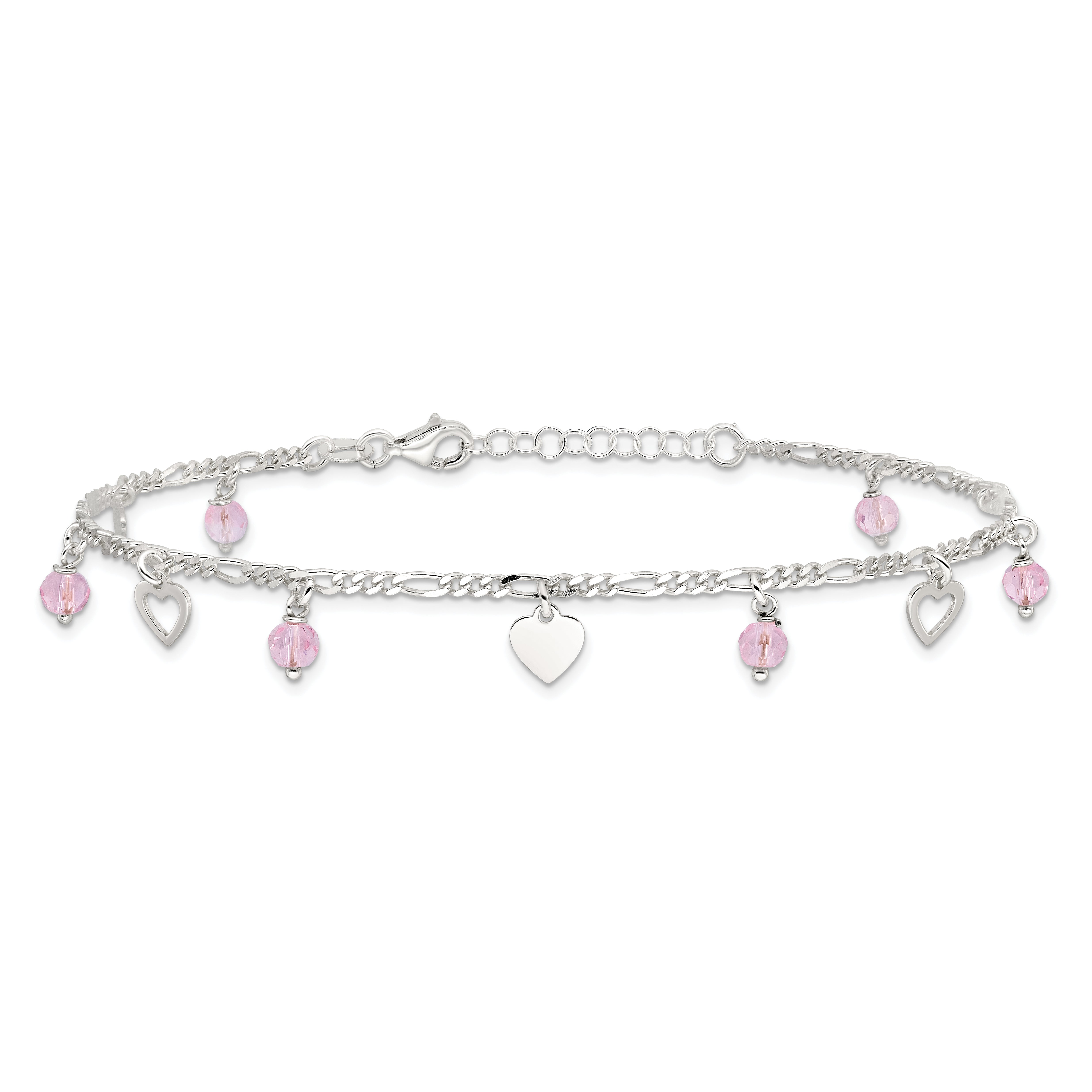 Sterling Silver Pink Glass Beads and Polished Hearts 9 inch Anklet with 1 inch extension