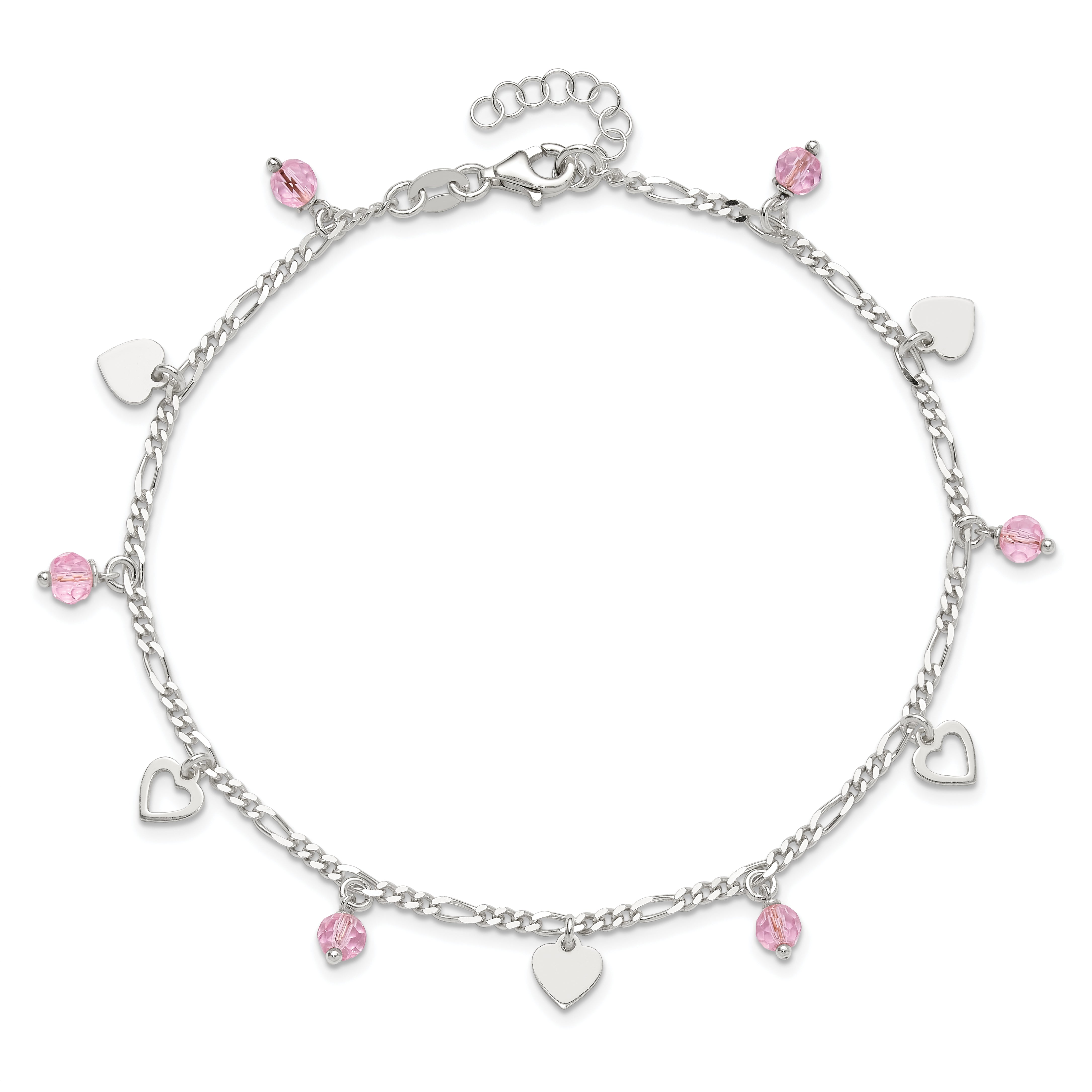 Sterling Silver Pink Glass Beads and Polished Hearts 9 inch Anklet with 1 inch extension