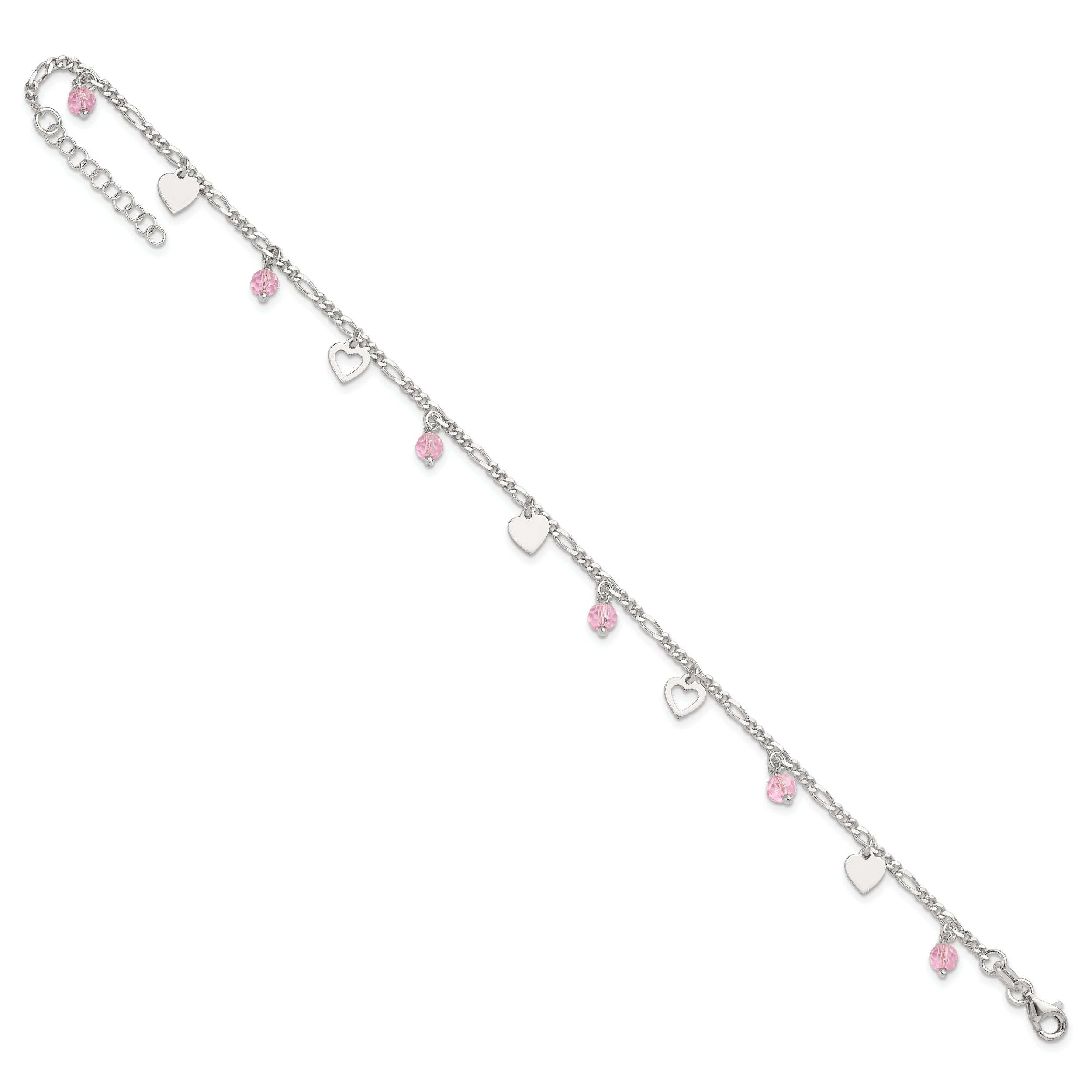 Sterling Silver Pink Glass Beads and Polished Hearts 9 inch Anklet with 1 inch extension