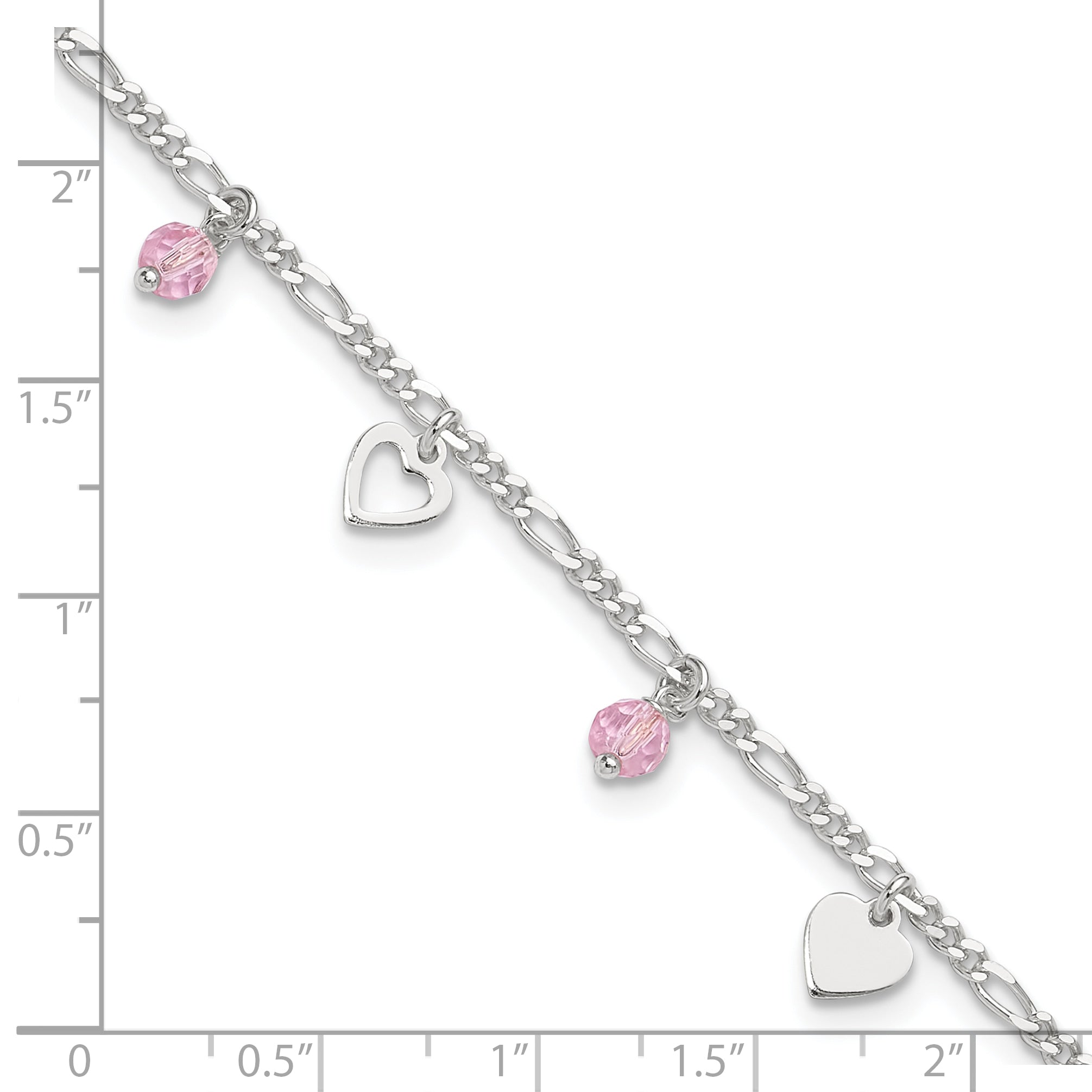 Sterling Silver Pink Glass Beads and Polished Hearts 9 inch Anklet with 1 inch extension