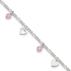 Sterling Silver Pink Glass Beads and Polished Hearts 9 inch Anklet with 1 inch extension