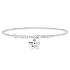 Sterling Silver Polished Flower 9in Plus 1in ext. Anklet