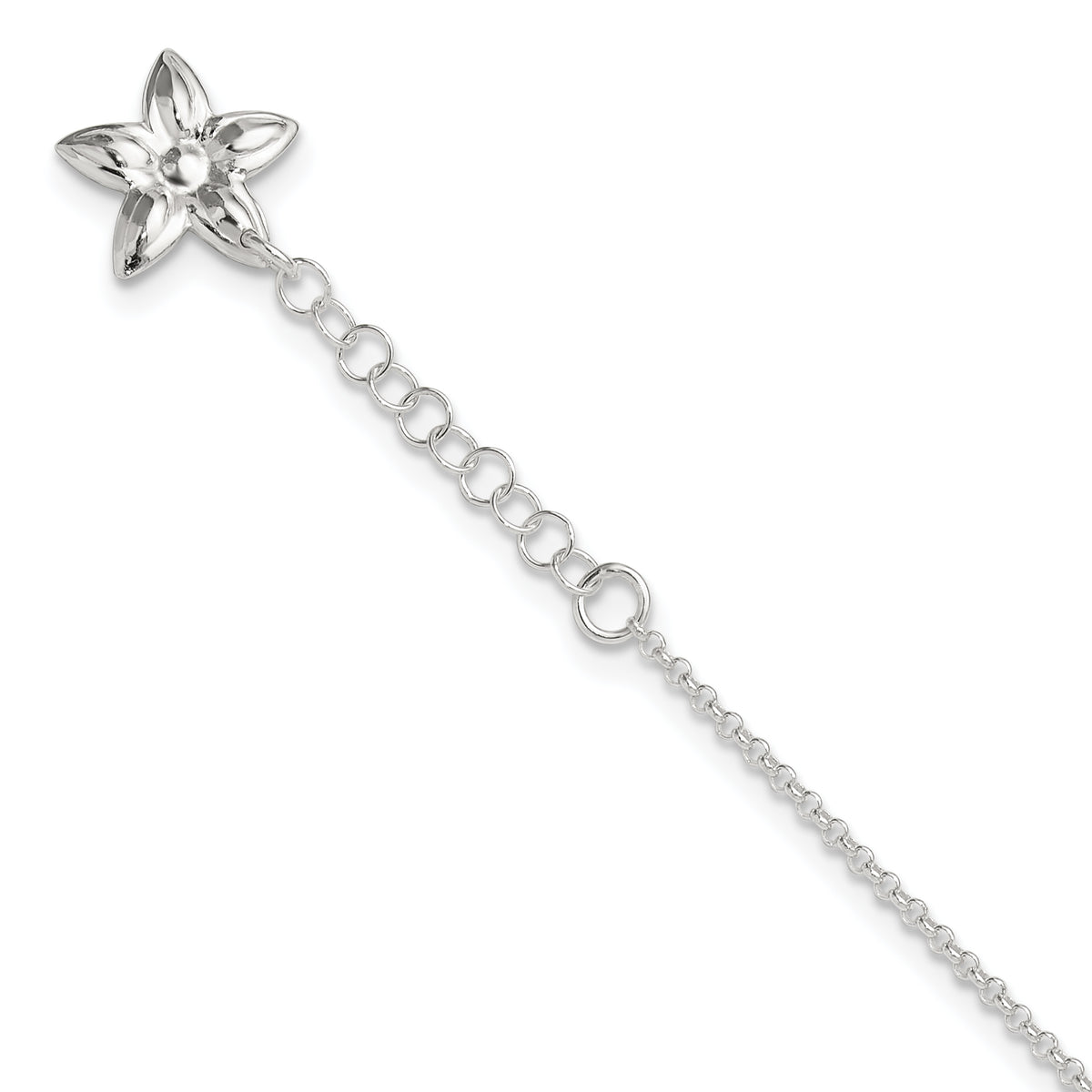 Sterling Silver Polished Flower 9in Plus 1in ext. Anklet