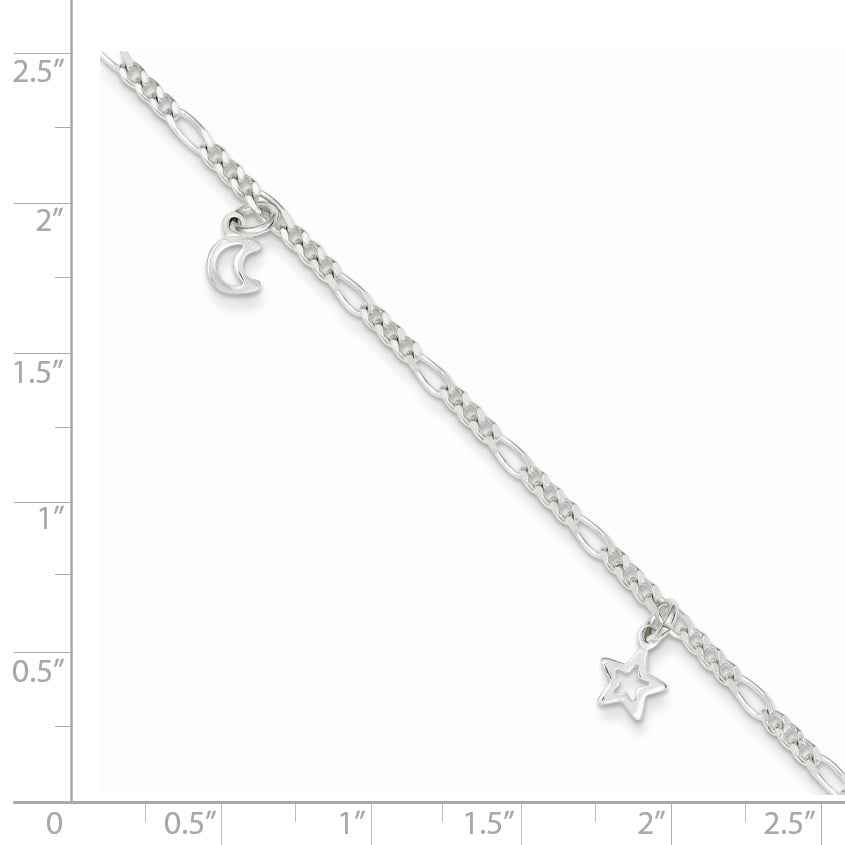 Sterling Silver Polished Star and Moon 9in Plus 1in Ext. Anklet