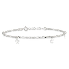 Sterling Silver Polished Star and Moon 9in Plus 1in Ext. Anklet