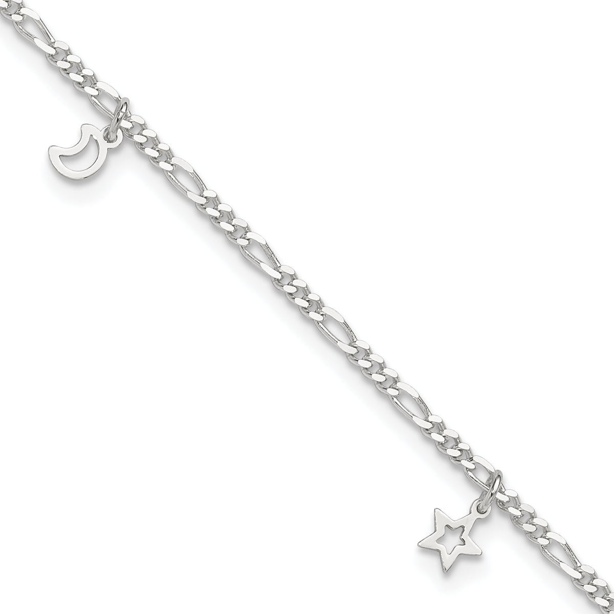 Sterling Silver Polished Star and Moon 9in Plus 1in Ext. Anklet